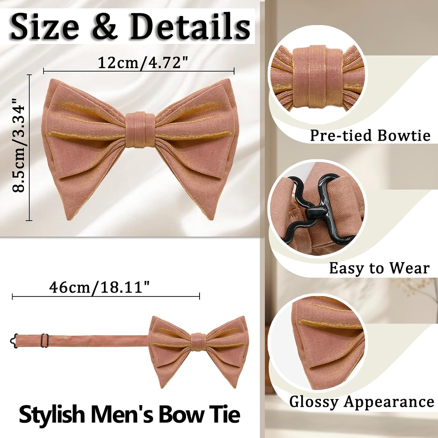 Oversized Bow Ties for Men, Satin Mens Bowties Adjustable Pre-tied Bowtie for Wedding Party Concert Date