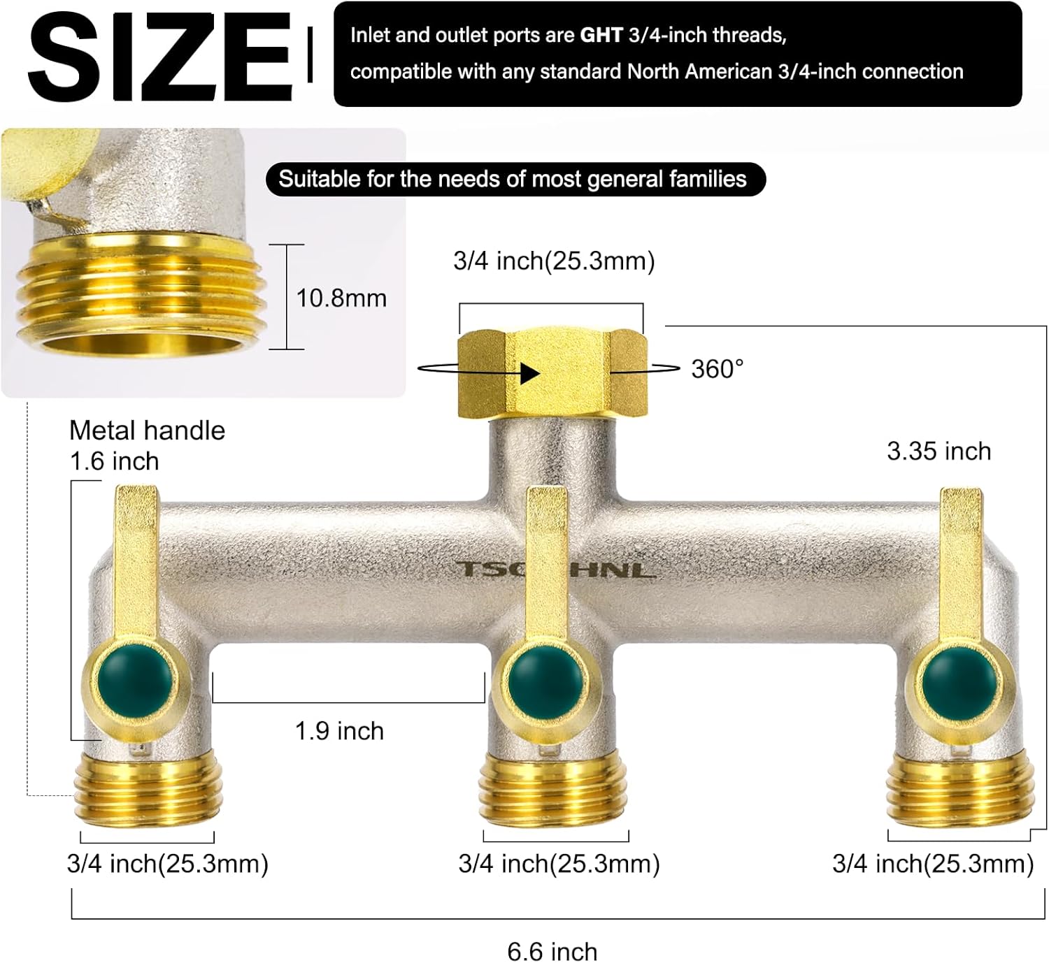 Garden Hose Splitter, 3-Way Faucet Diverter with 3 Extended Metal Handles, Outdoor Hose Splitter, Heavy Duty Brass Nickel Plated, GHT 3/4-Inch Heavy Duty Hex Female Inlet and 3/4-Inch Male Outlet