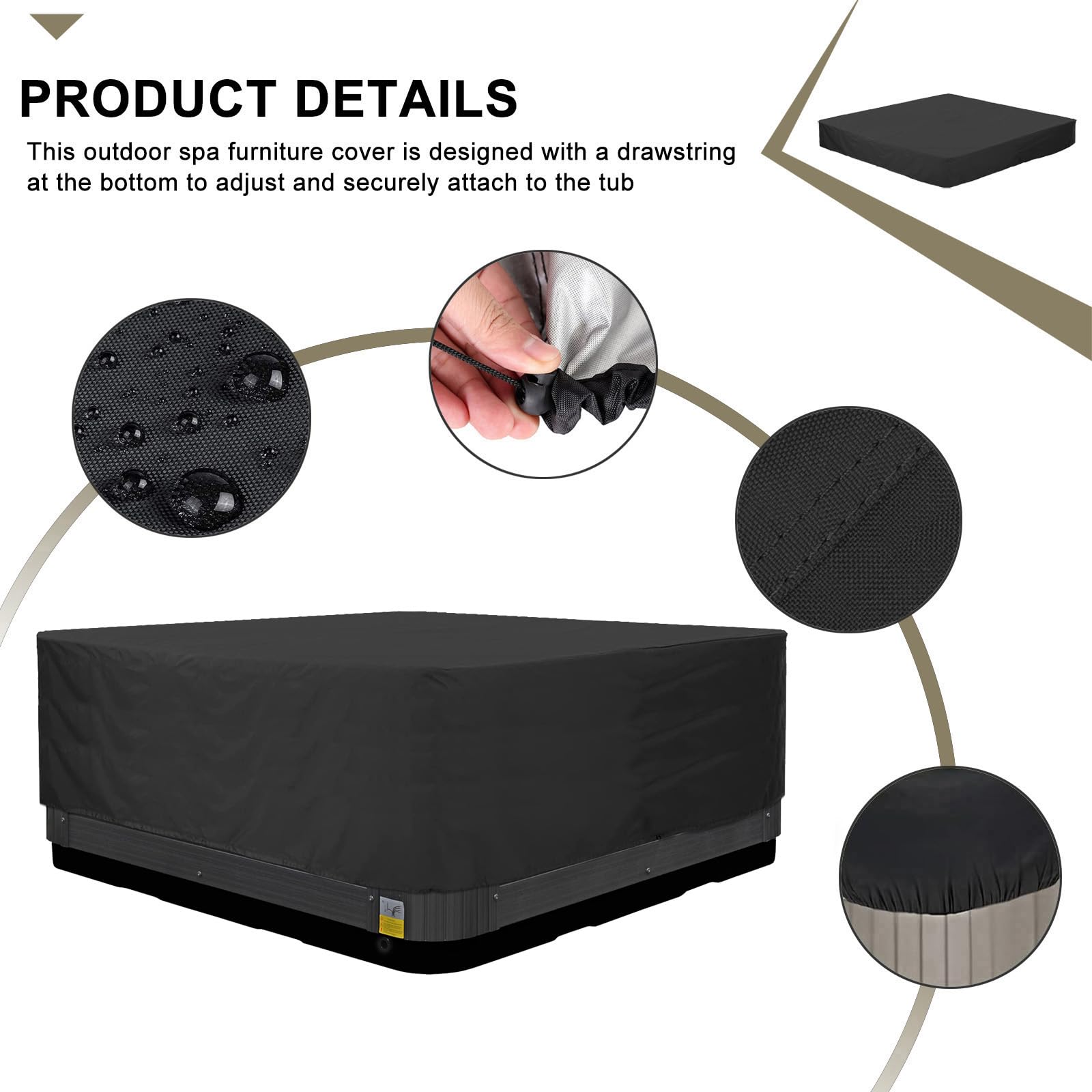 Funda Protectora para Bañera de Hidromasaje de Tela Oxford 210D Resistente al Polvo Impermeable Cubierta para SPA Cuadrada Exterior,Negro,244x244x30cm