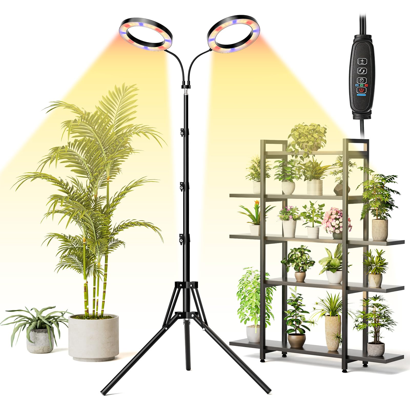 luz crecimiento plantas interior con LED,Lámpara de cultivo con soporte,3 modos, 10 brillos100-170 cm Ajustes del temporizador de 3/9/12 horas Cabezal de lámpara ajustable en 360°