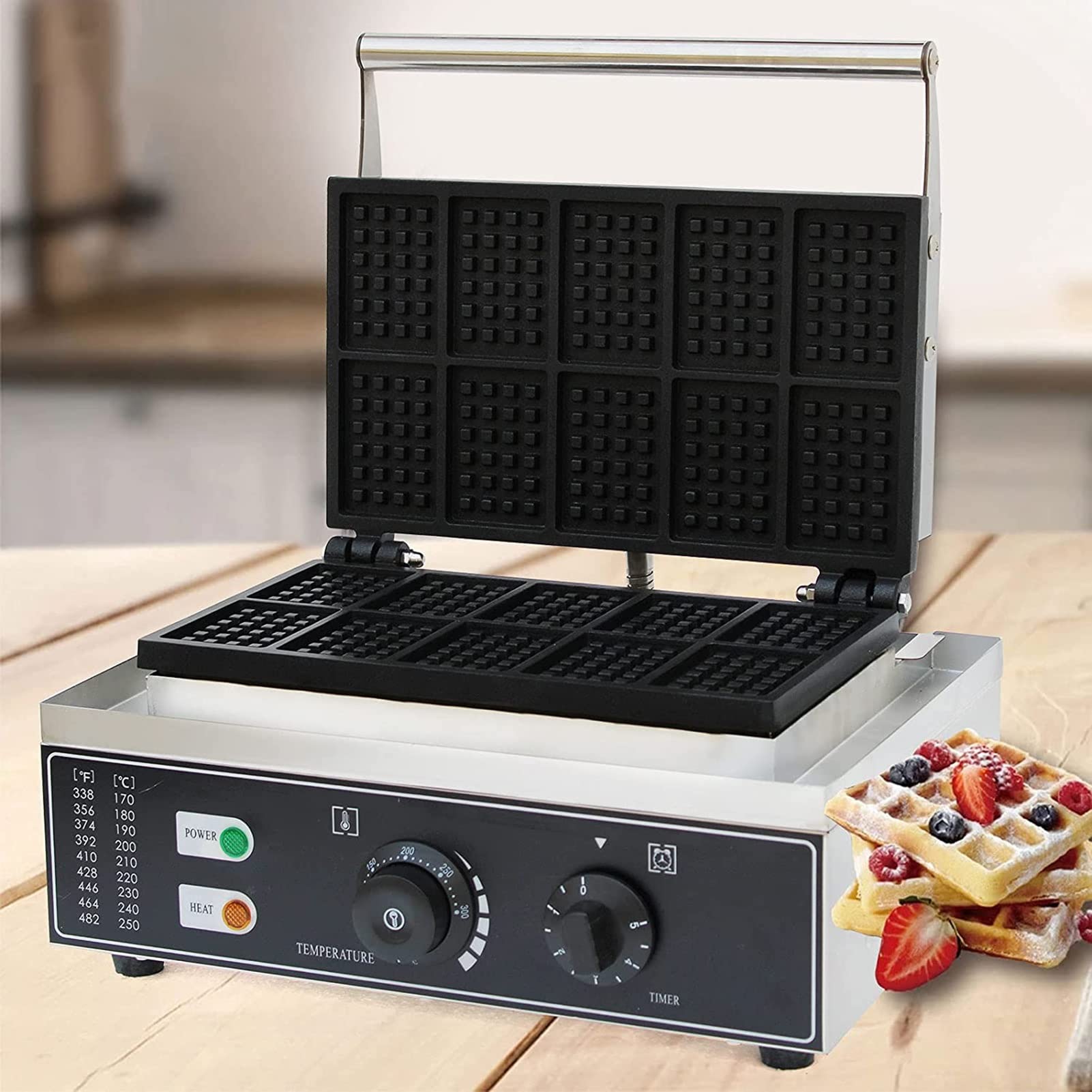 Kwadratowa komercyjna gofrownica ze stali nierdzewnej, 1500 W 10 szt. Elektryczna gofrownica z powłoką nieprzywierającą z kontrolą temperatury i czasu