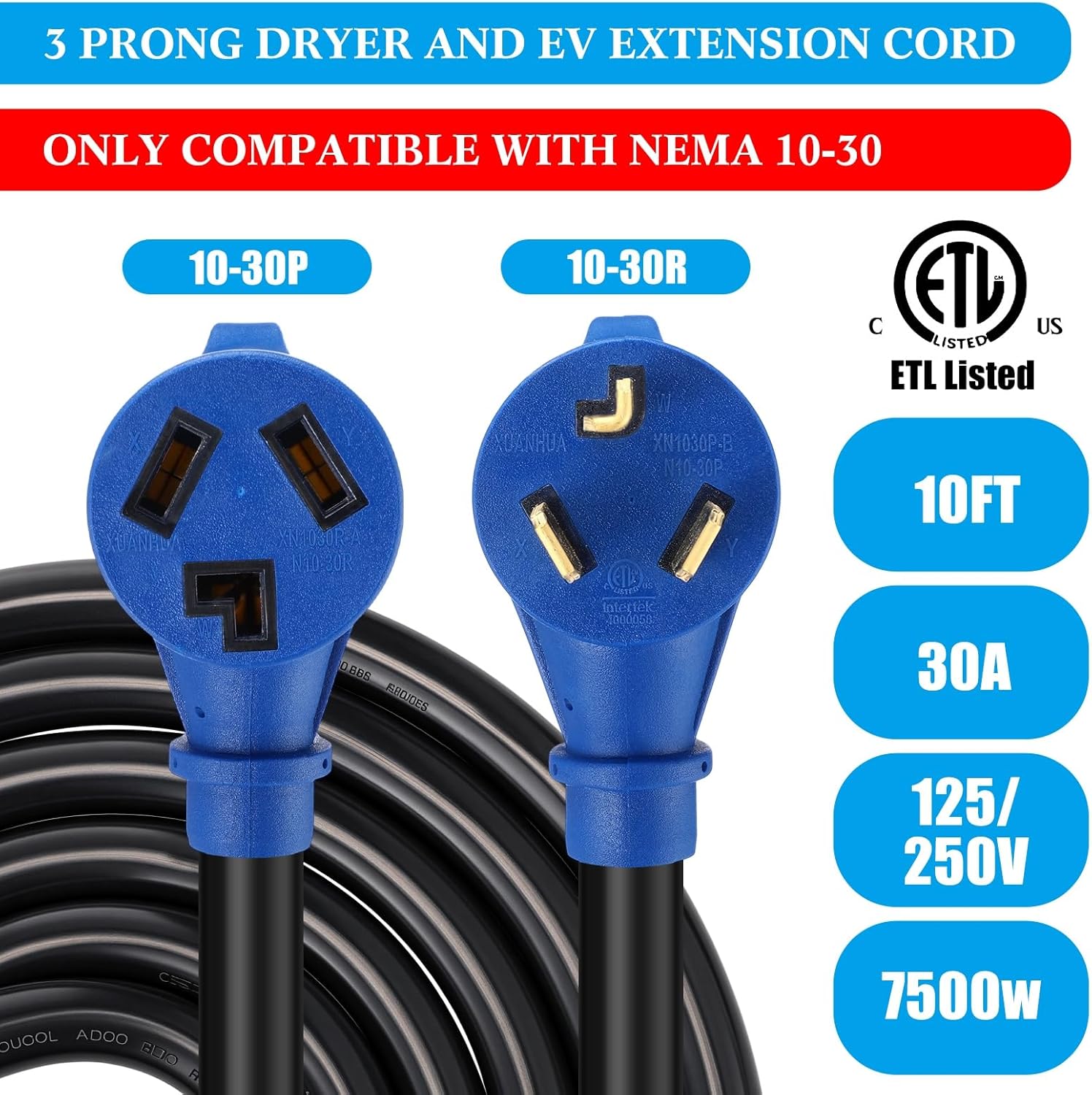 Kanayu 10 FT 3 Prong Dryer/EV Extension Cord 30 Amp Compatible with NEMA 10-30P to 10-30R for Level 2 EV Charging and Dryer Power Flexible Cable STW 10 Gauge Cord with Grip Handle ETL Listed