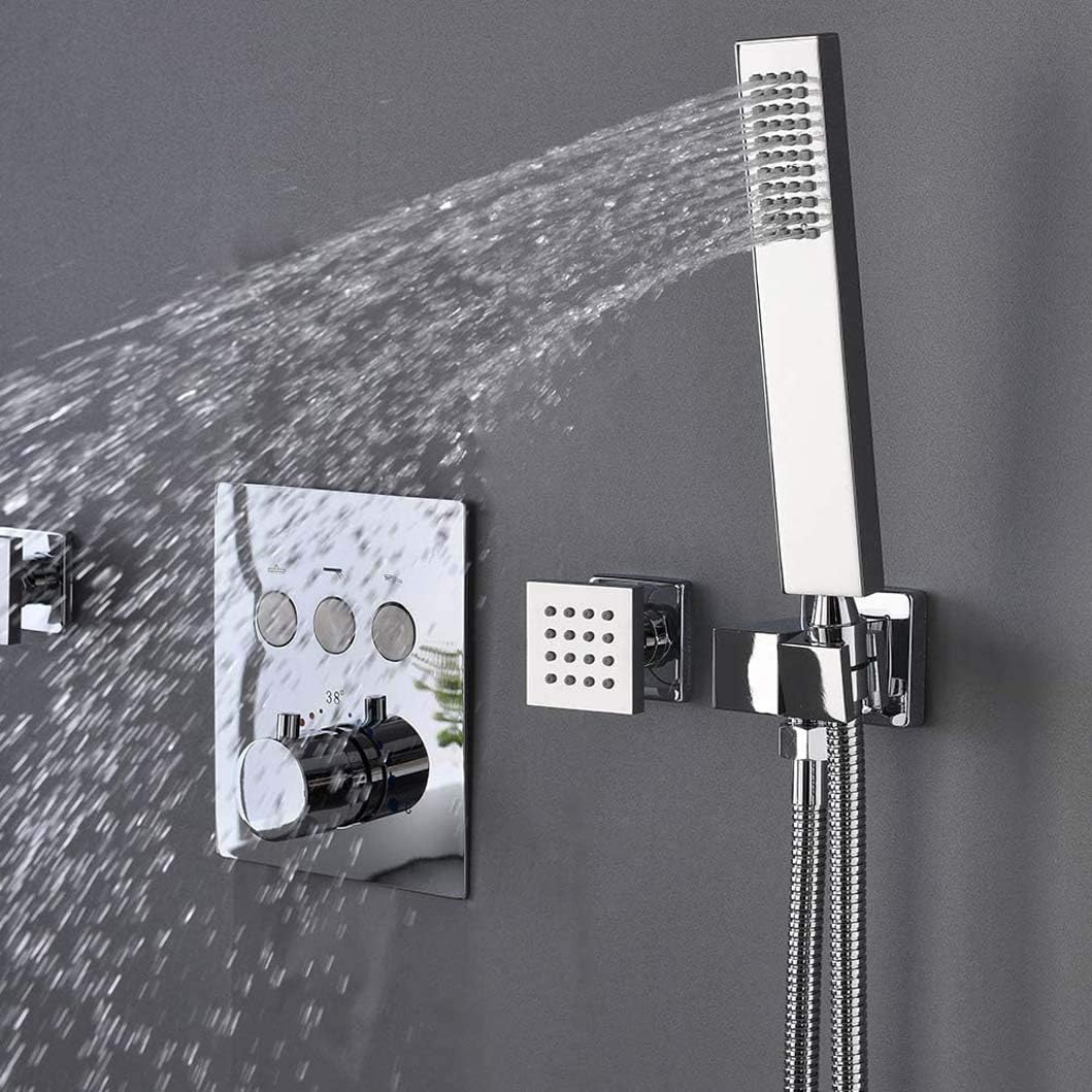 DASHADAO Shower System, Thermostatic Brass Ceiling Mount Rectangular 12 x 8 Inch Air Pressure Rainfall Shower System with 4 pcs Body Jets Mixer Bathroom Shower Set,Chrome