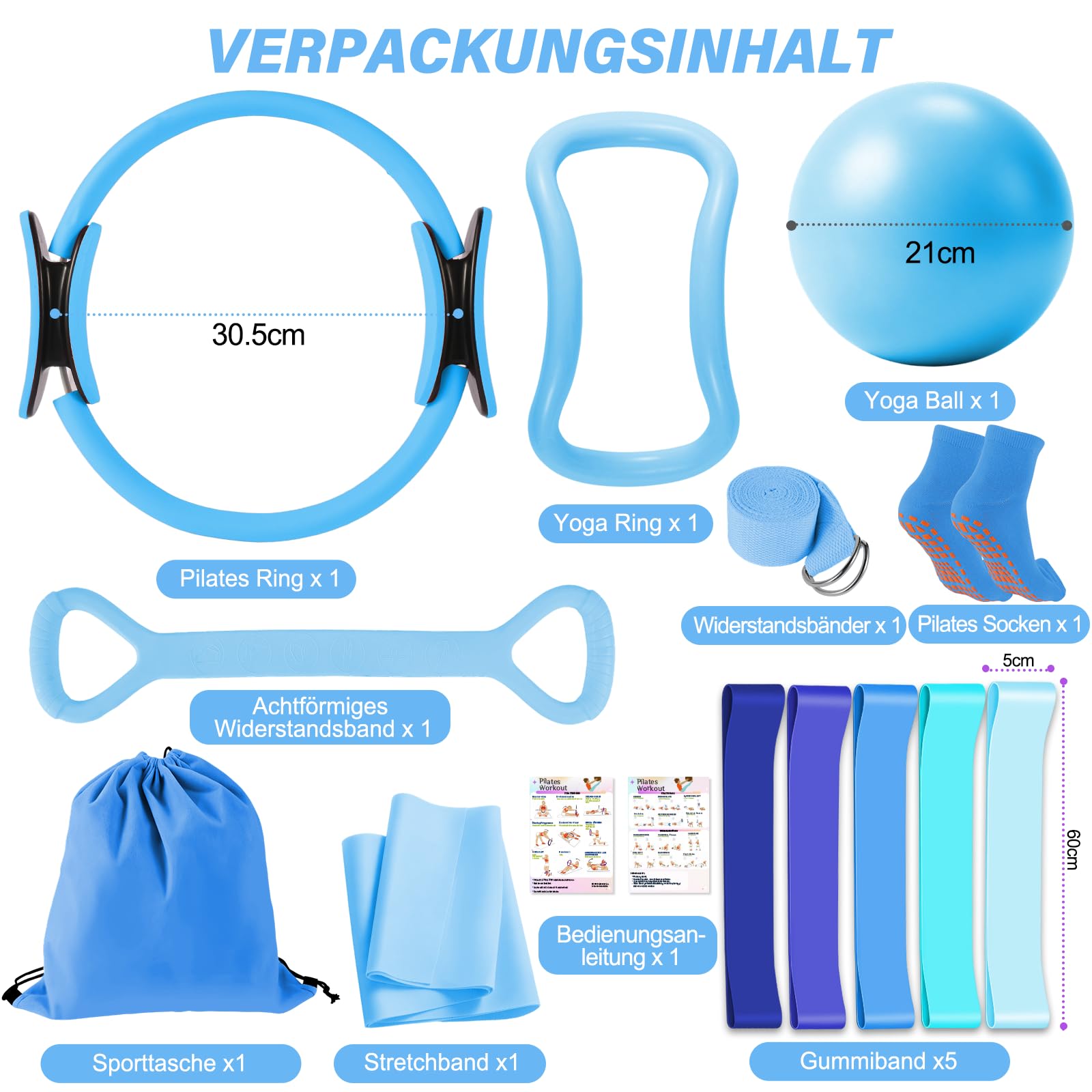 Set Pilates - Set di anelli da pilates da 13 pezzi, con palla da pilates, fasce per fitness, cintura da yoga, calzini da donna, set pilates per casa, attrezzatura sportiva per forza