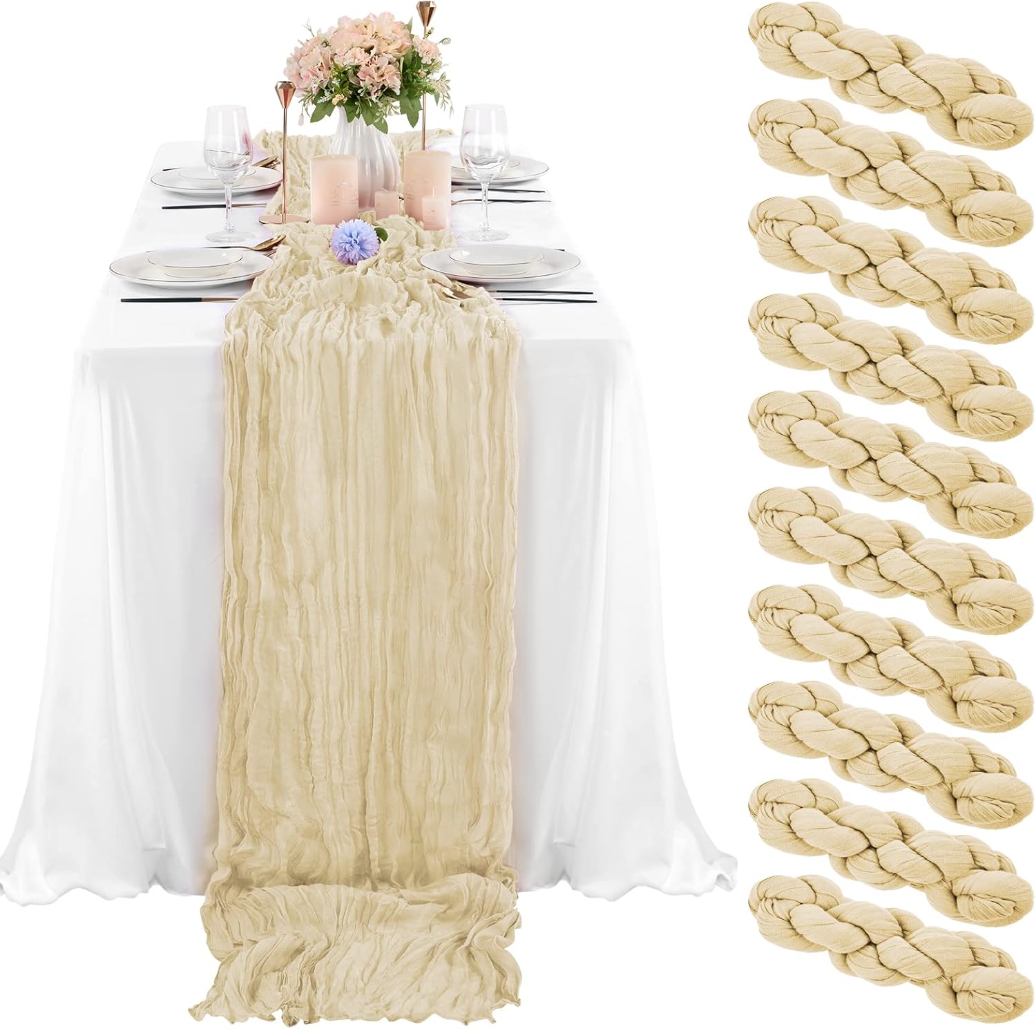 10 Pcs Ivory Cheesecloth Table Runner 10FT, Gauze Table Runner for Wedding Reception Sheer Bridal Shower Birthday Party Boho Table Decoration, Rustic Romantic Wedding Runner