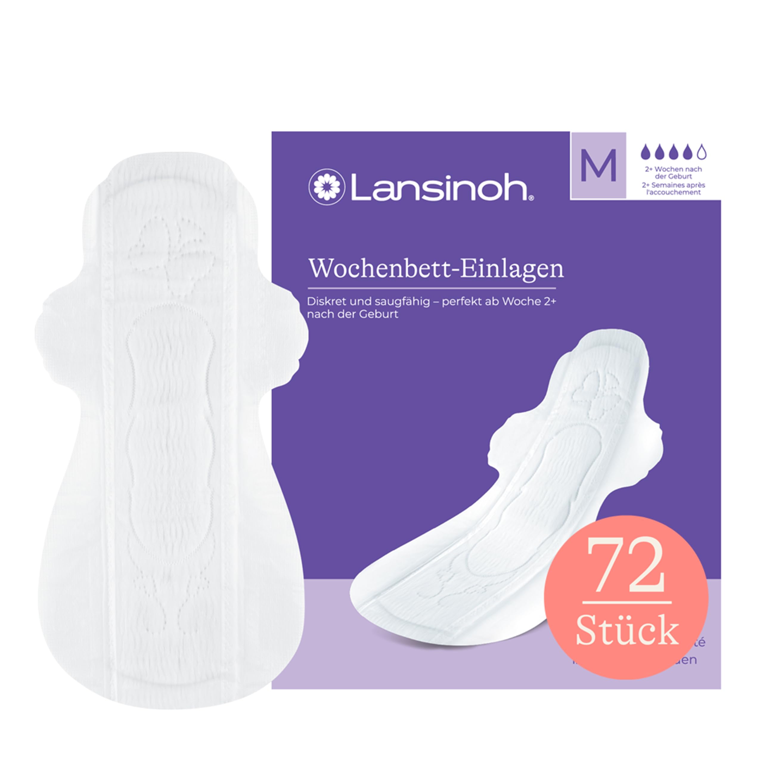 Lansinoh Wochenbett-Einlagen - 72 Stück - super dünn & saugfähig - Wochenbett Binden ab Woche 2+ nach der Geburt