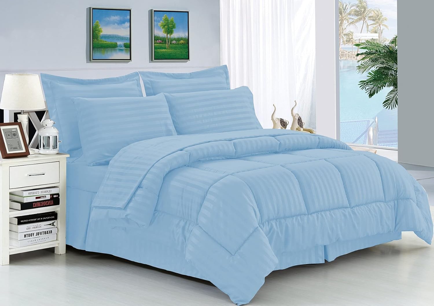 Elegance Linen Wrinkle Resistant - Luxury Silky Soft Dobby Stripe Bed-in-a-Bag 8-Piece Comforter Set --Hypoallergenic - Full/Queen, Light Blue