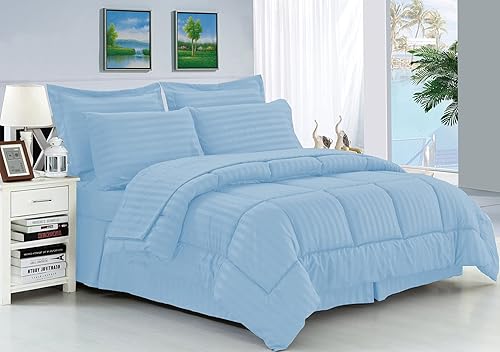 Miniatura 4 de Linen set de colchas de 8 unidades de seda suave y lujosa a rayas dobby resistentes a las arrugas (el paquete incluye set de 4 sábanas, 1 colcha, 1