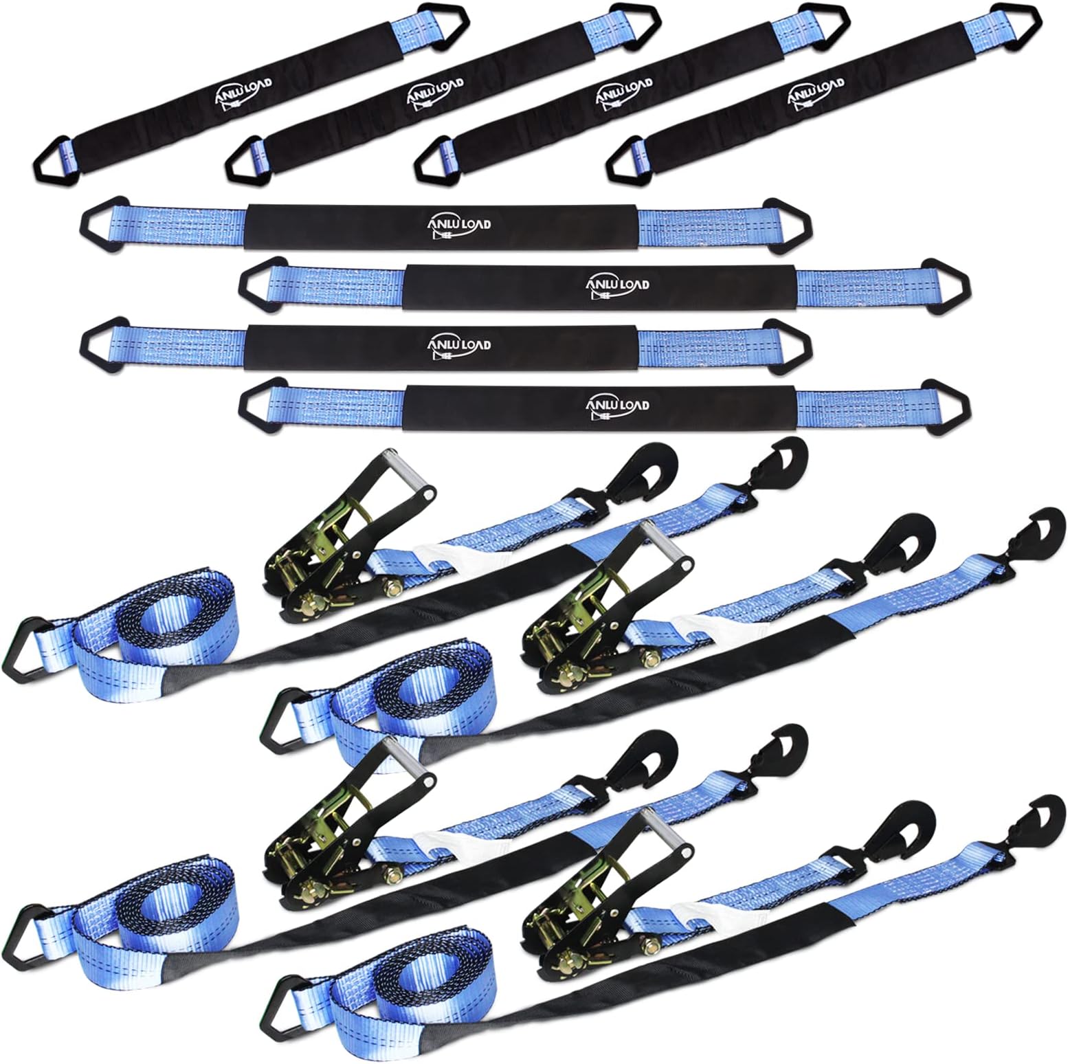 HLCC Complete Axle Strap Tie Down Kit with Car Tie Down Ratchet Straps, Includes (4) 22" Axle Straps, (4) 36" Axle Straps, and (4) 8' Snap Hook Ratchet Straps