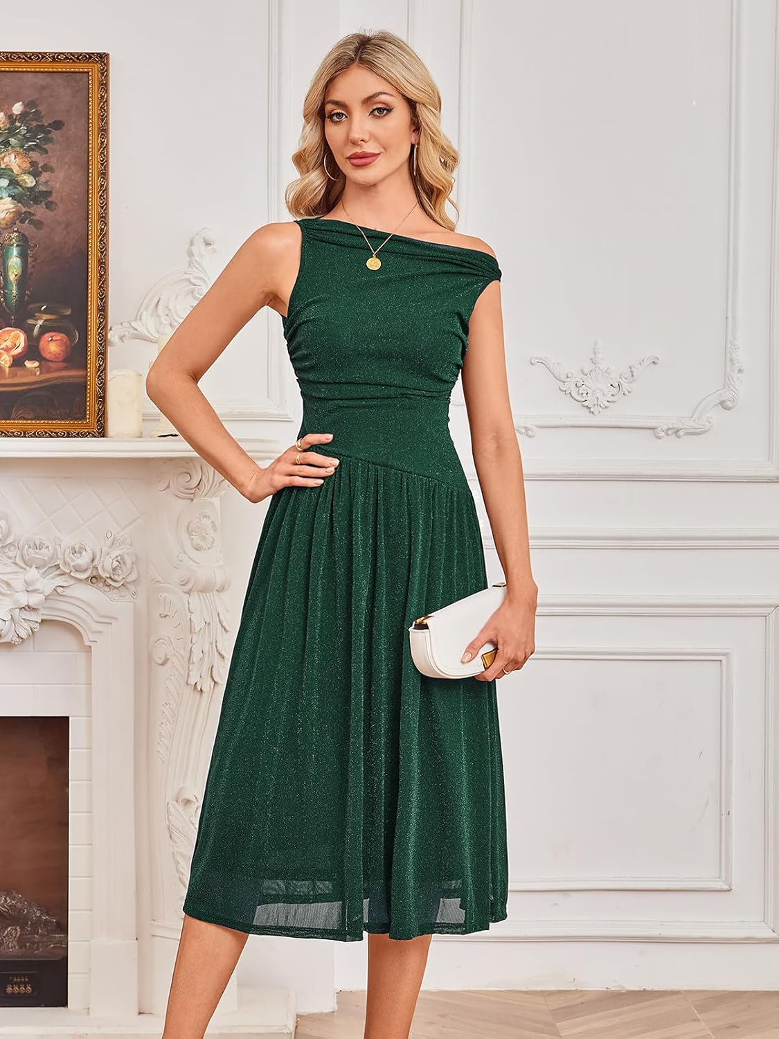 Elegant Off Shoulder Dress for Women Sparkly Sequin Midi Party Dress with Asymmetric Design Sleeveless Cocktail Evening Gown - Image 3