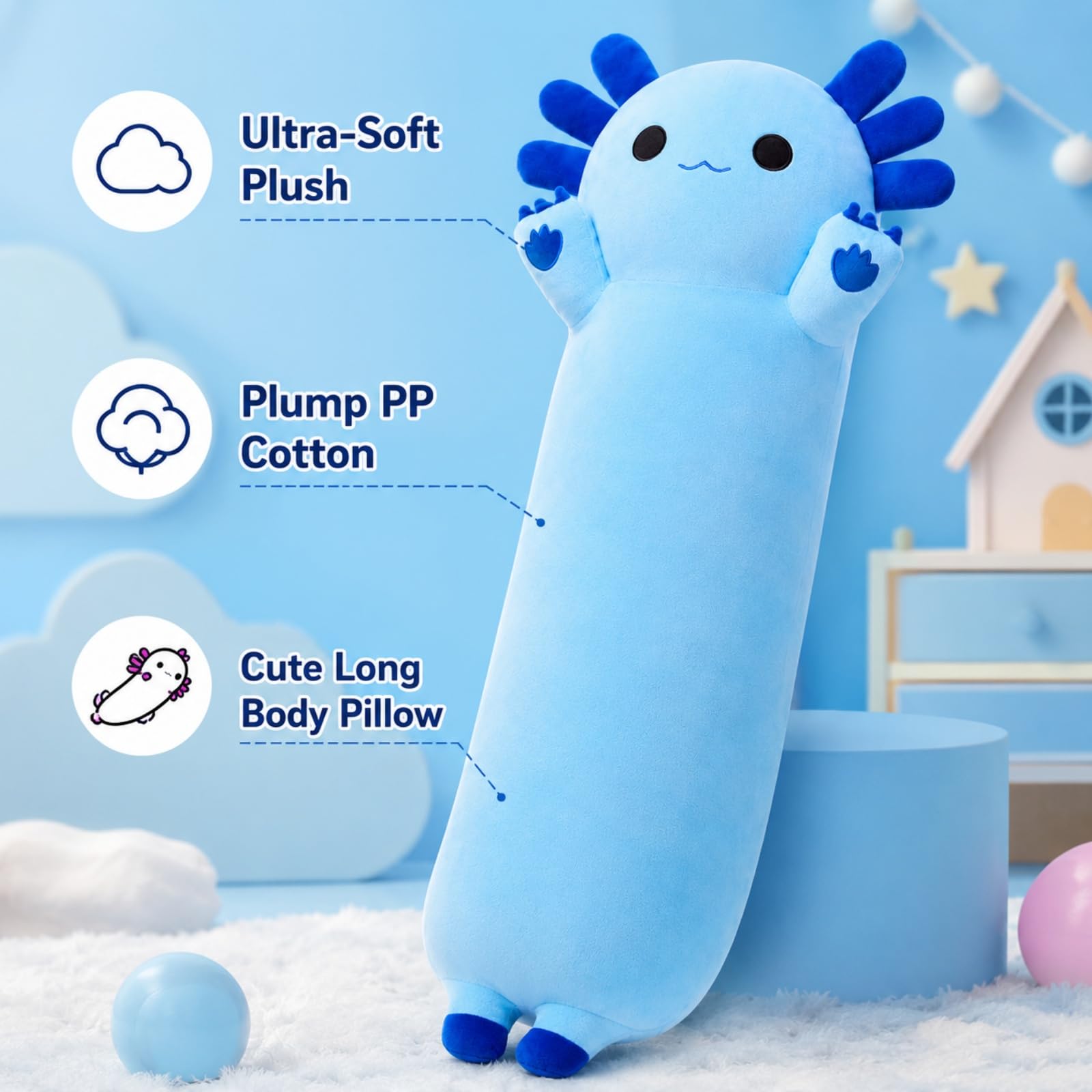 SNOWOLF Cojín Largo de Peluche de Axolotl, Juguete de Peluche Suave Kawaii de Peluche, Adorable cojín de Abrazo para niños (110 cm, Azul)