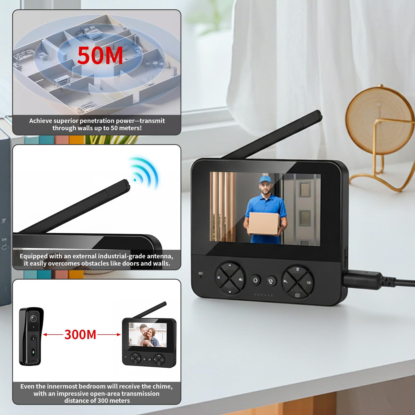 Campanello senza fili con fotocamera e monitor da 4,3 pollici, campanello senza Wi-Fi, audio a 2 vie HD, citofono con rilevamento del movimento PIR, visione notturna a infrarossi e display