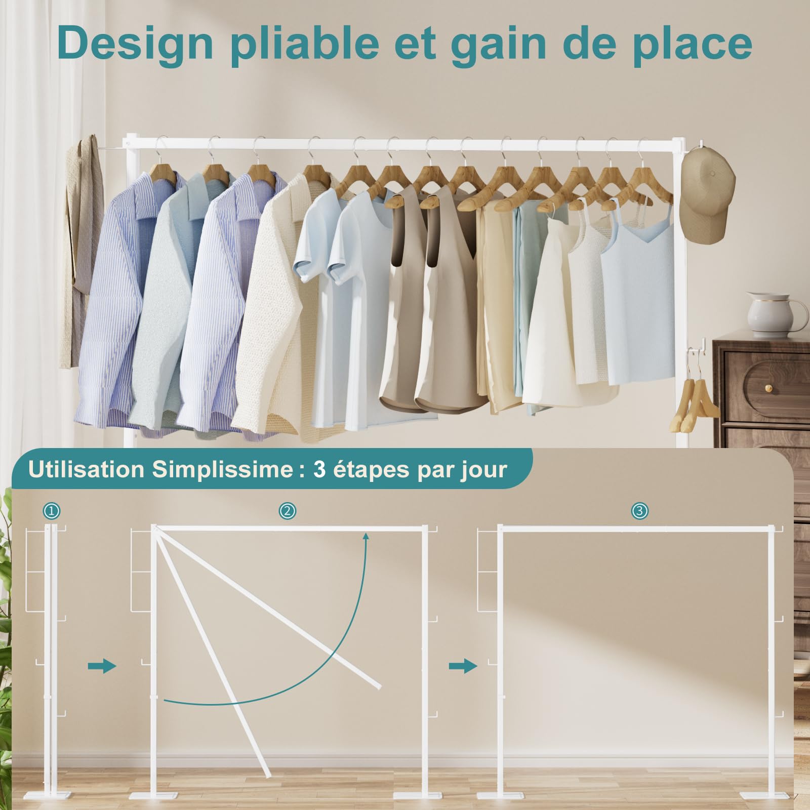 JAUREE Séchoir à Linge Pliable intérieur/extérieur, étendoir sur Pieds Compact, Gain de Place, étendoir à draps, tancarville, Blanc