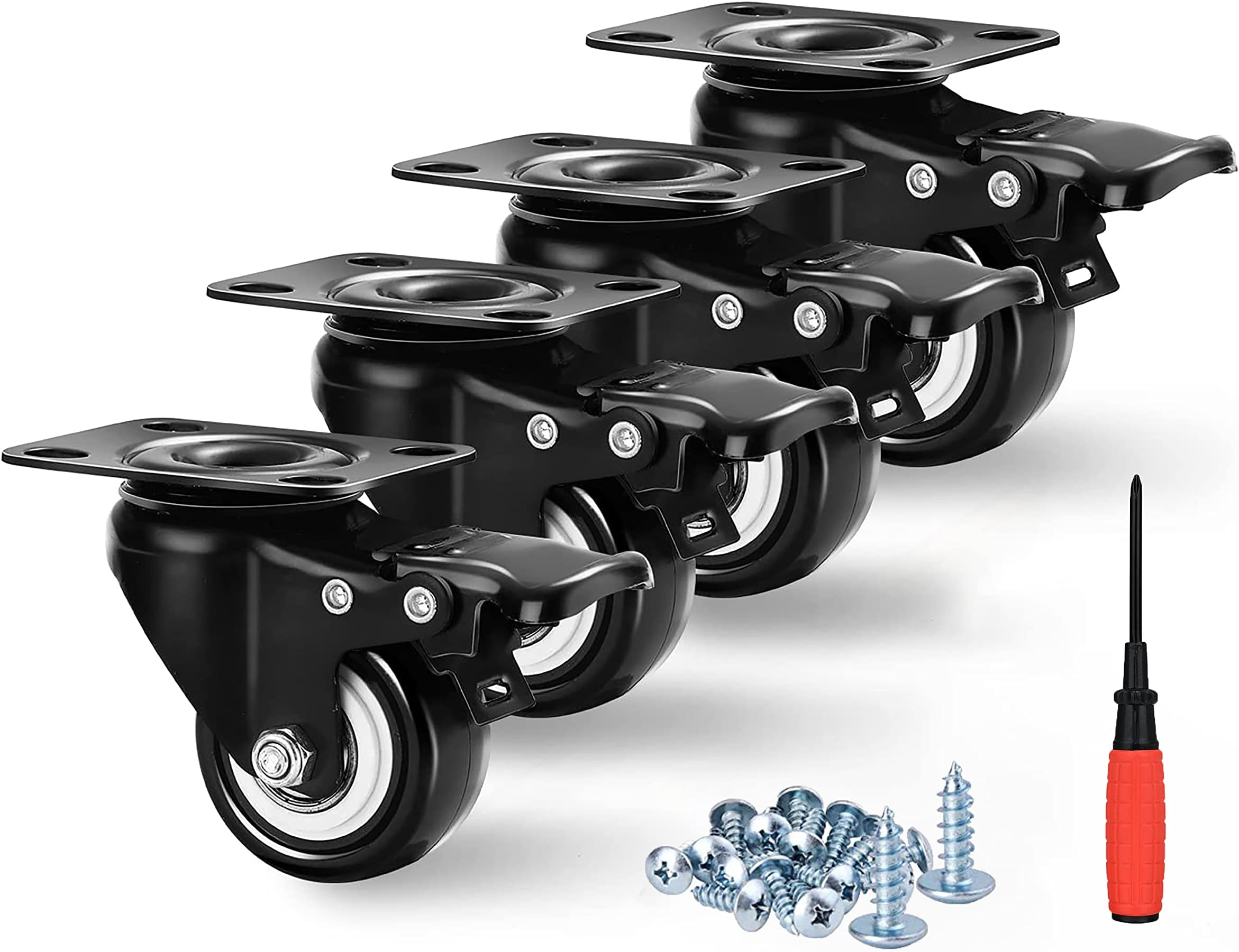 2 inch Caster Wheels Set of 4（Pcs）, Lockable Bearing Plate Caster Wheels with Brakes, 360-degree Swivel Casters