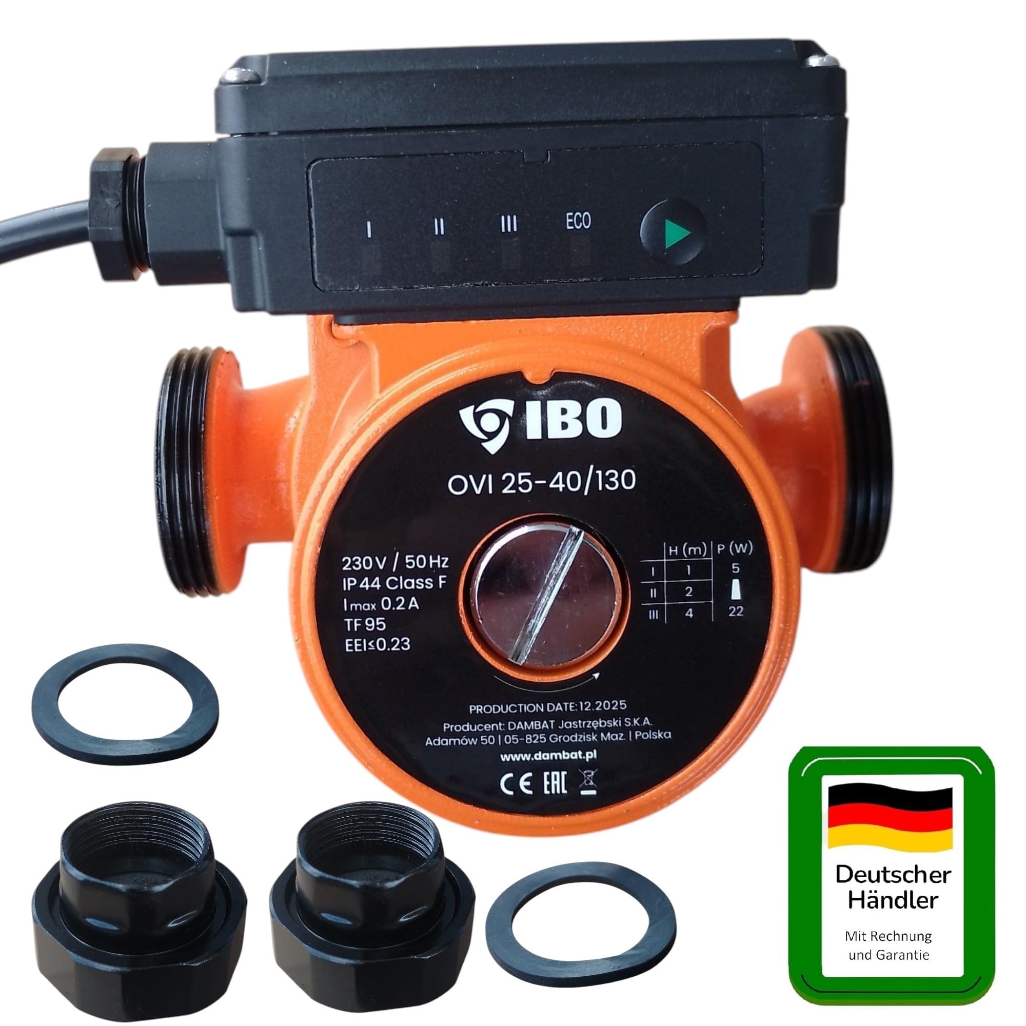 Hocheffiziente IBO 25-40/130 Umwälzpumpe, Heizungspumpe für Warmwasser, 230V, Nassläufer, Anschlüße 1 1/2", (OVI 25-40/130)