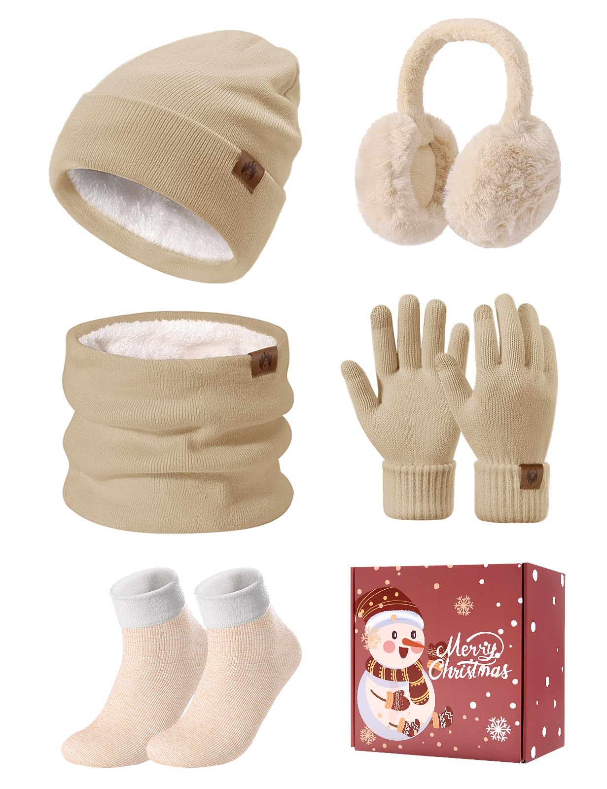 UMIPUBO Gorro Bufanda y Guantes Set 5PCS Mujer Invierno Gorro Conjunto Sombreros Bufandas Cálida Caliente Pantalla táctil Guantes Orejeras de Felpa Calcetines Térmicos 5 Piezas Set
