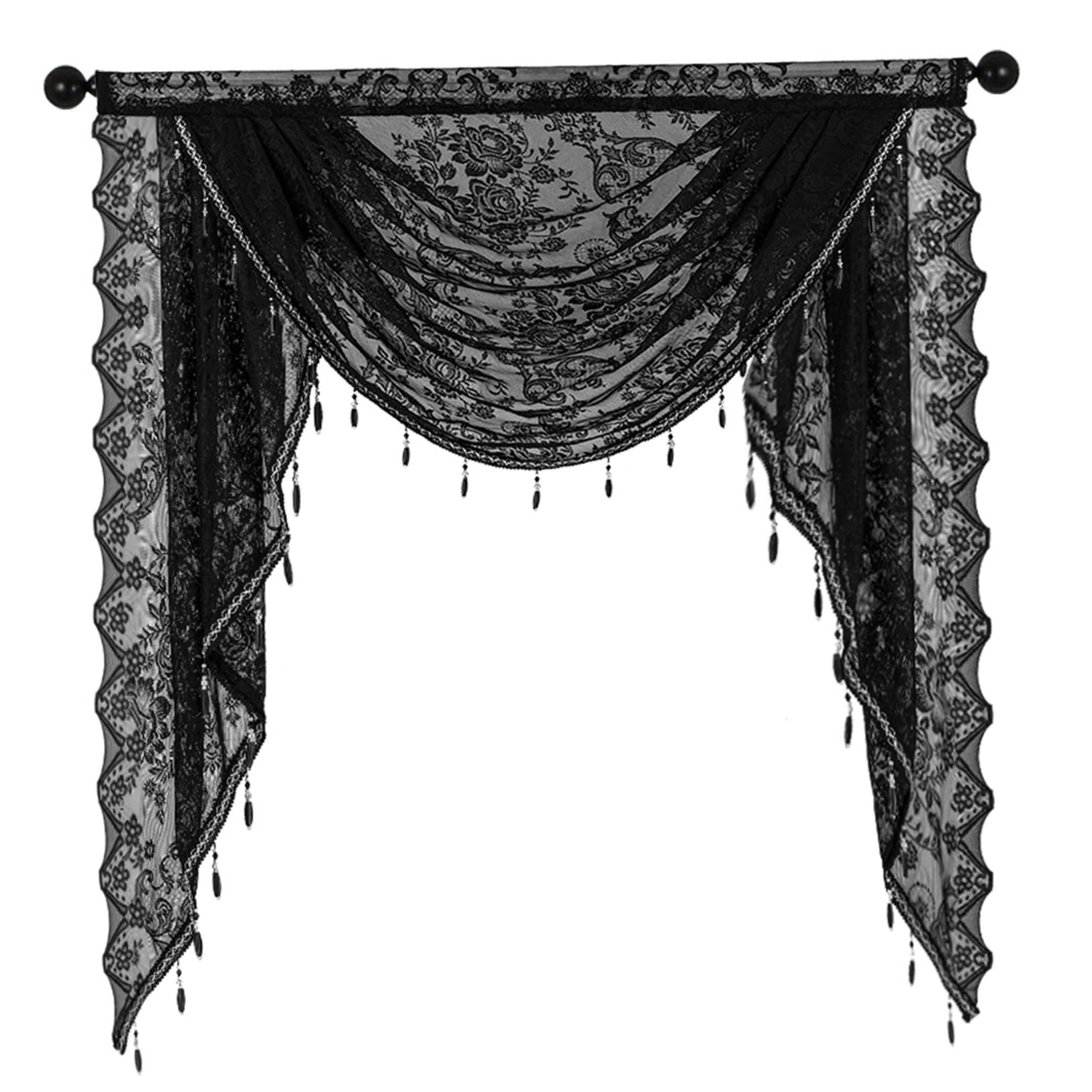 Wedhapy Black Lace Curtains Waterfall Valance with Bead Tassels 39x41 Vintage Floral Black Lace Valance Curtains Semi Sheer Privacy Gothic for Halloween