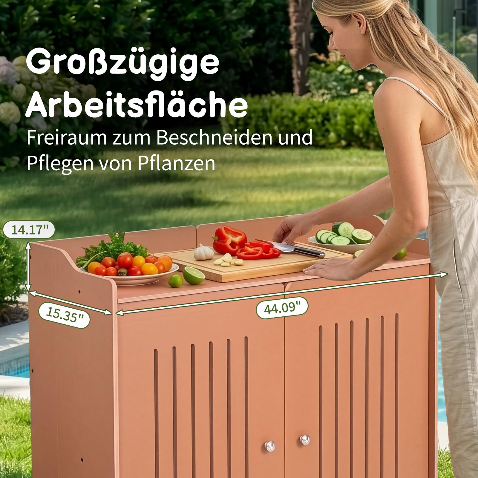Gartenschrank mit Pflanztisch, Gartenschrank wetterfest Outdoor, 97 x 39 x 95 cm, Hochwertiges PVC-Material, Leicht zu pflegen und zu reinigen, braun