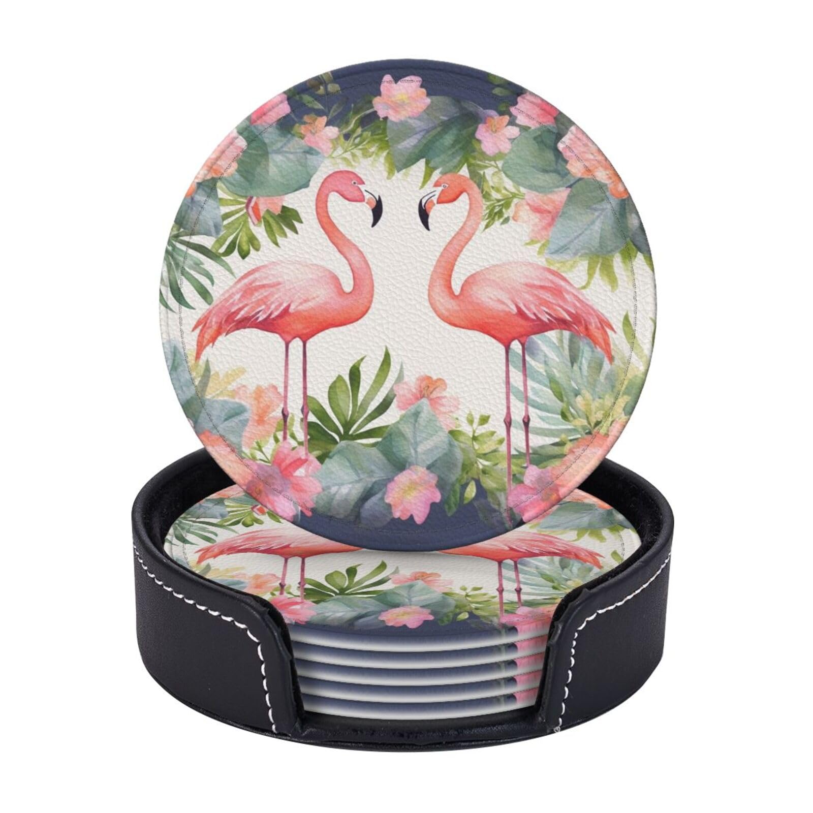 Round Coasters for Drinks Set of 6 - PU Leather Coasters with Holder - Modern Drink Coasters for Coffee Table - Flamingos and Flowers Coaster for Tabletop Protection 4" Cup Mat Pad