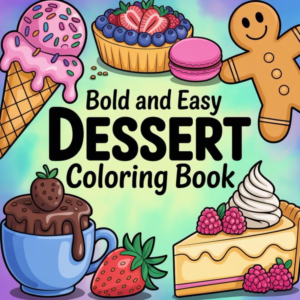 Bold and Easy Dessert Coloring Book Featuring Cupcakes, Donuts, Candy, Chocolate & More for Adults and Kids: Easy, Enjoyable Pages for Relaxation and Creativity