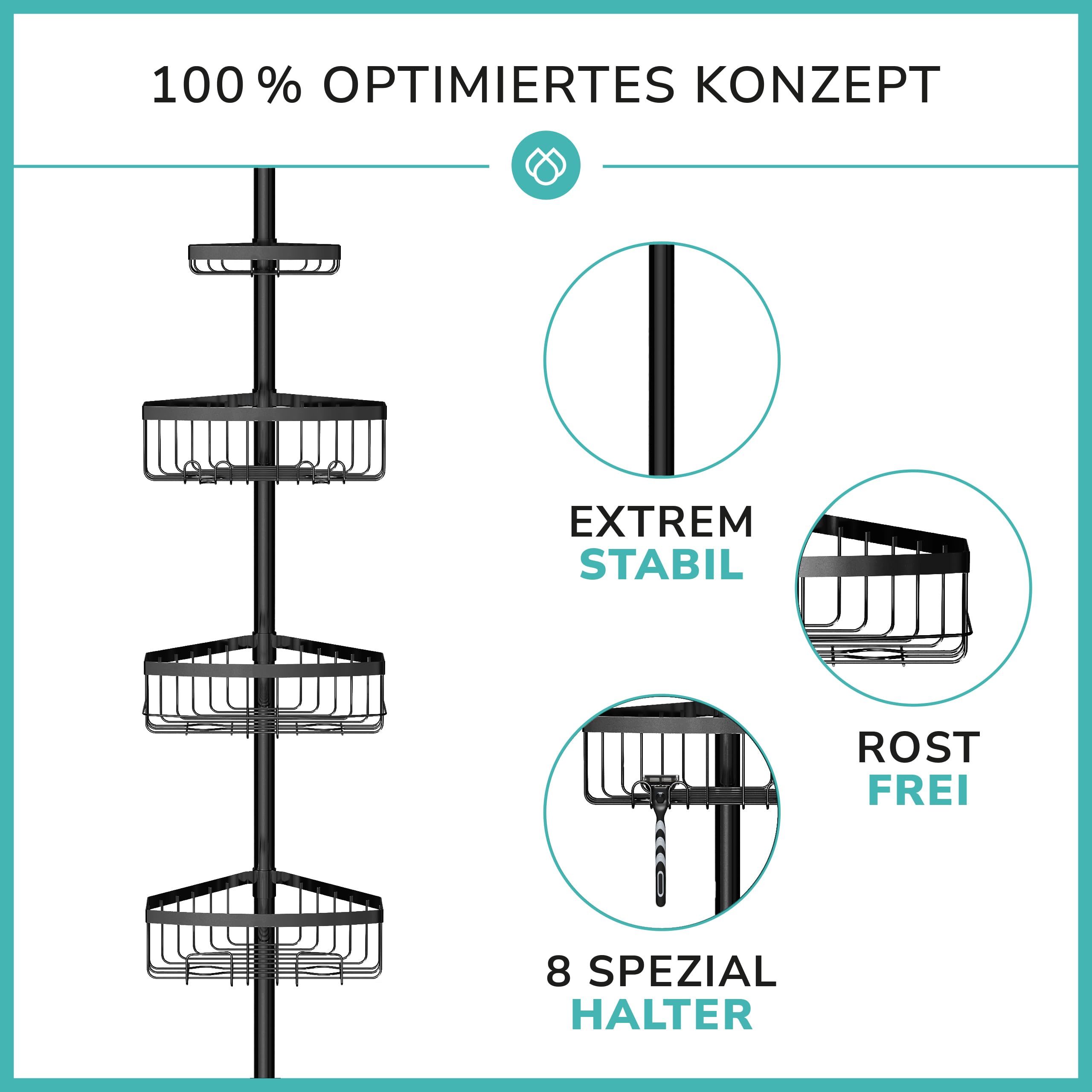Teleskop Duschregal mit 3 Fach Anti-Rost Schutz (105-270cm) | Stabiles & flexibles 105-270cm Duschregal Teleskop ohne Bohren - Teleskopregal Bad 4 Körbe - Klemmregal Dusche und Badewanne