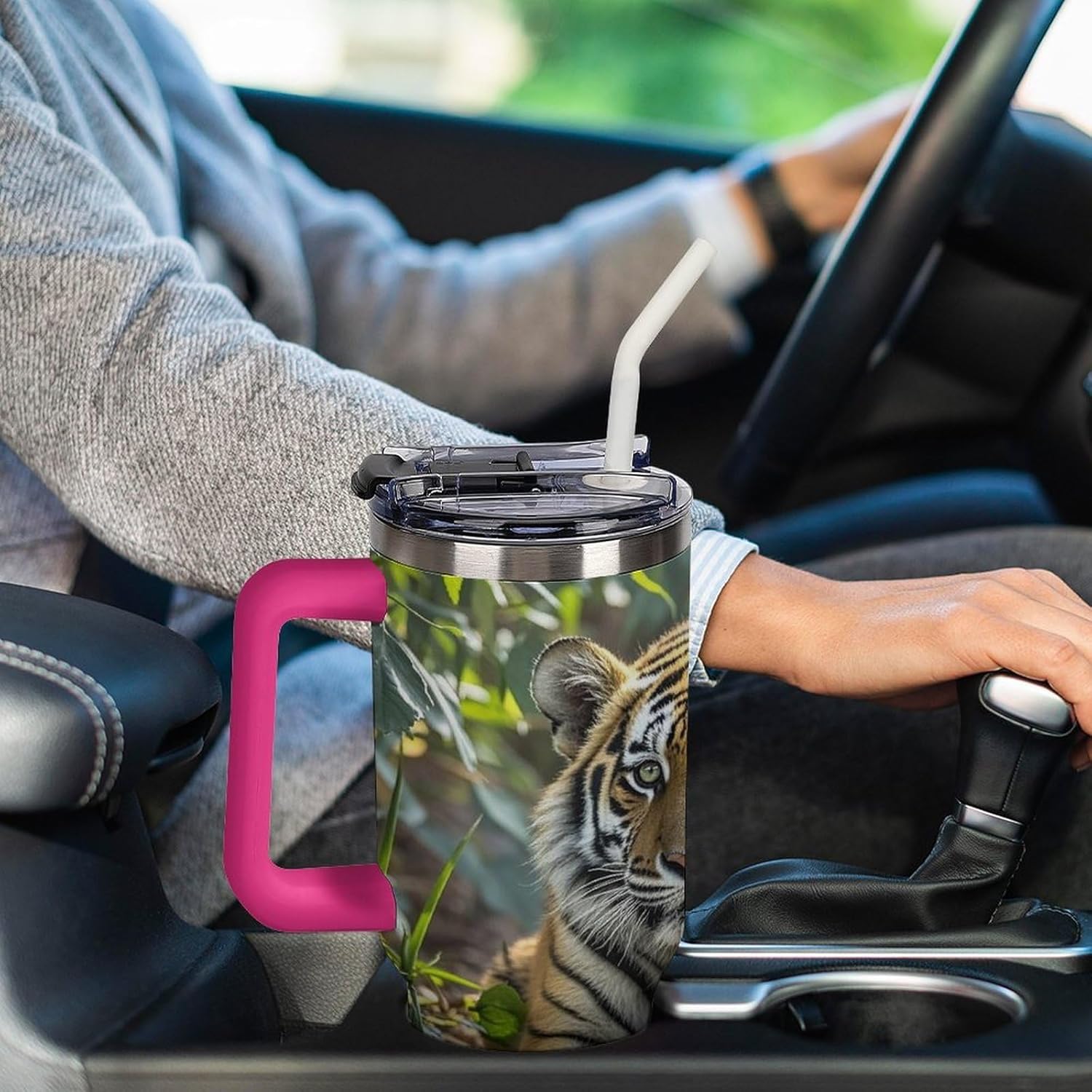 Big Tiger Tumbler 40 Oz with Handle&Lid Large Car Cup Stainless Steel Vacuum Travel Mug Insulated Water Bottle Leak-proof Portable Coffee Cup for Home Car Outdoor
