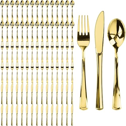 Vista 15 de Prestee - Juego de cubiertos desechables de plástico, 300 unidades, 100 tenedores / cucharas / cuchillos, desechables, color plateado