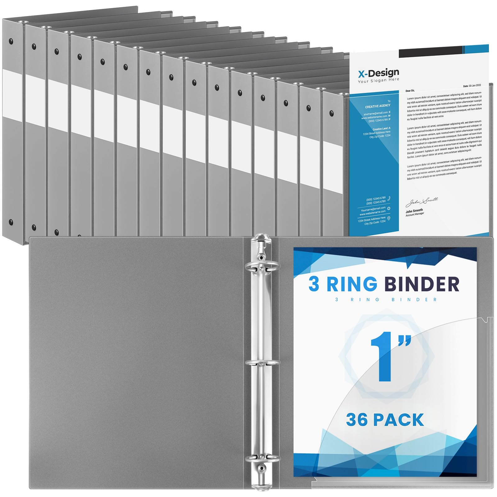 Henoyso 36 Pcs 3 Ring Binder with Clear Cover View Binders, Gray