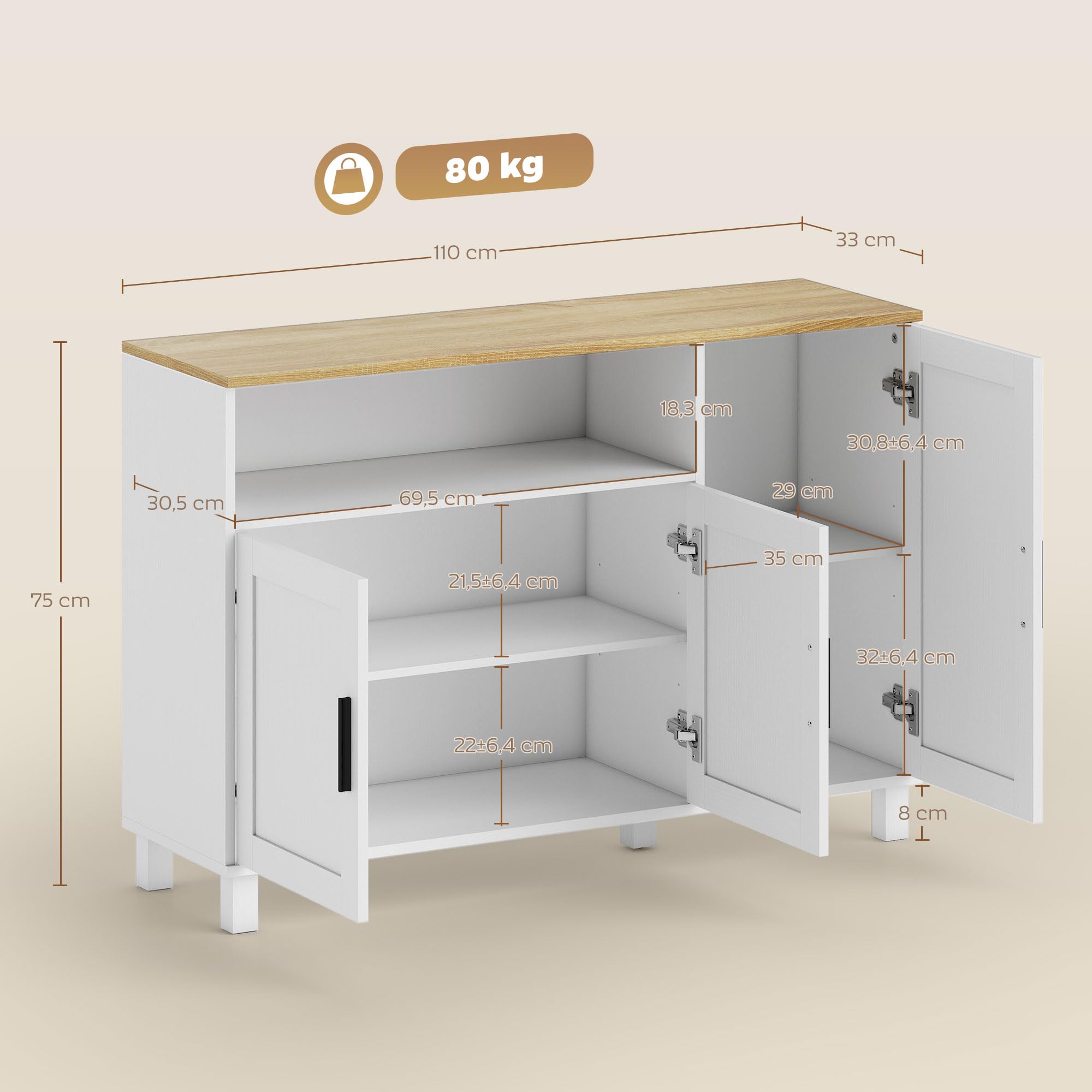 HOMCOM Aparador de 3 Puertas de Cierre Suave, Aparador de Salón con Estantes Ajustables, Compartimento Abierto, Patas de Madera, para Cocina, Entrada, Dormitorio, Blanco, 110x33x75 cm