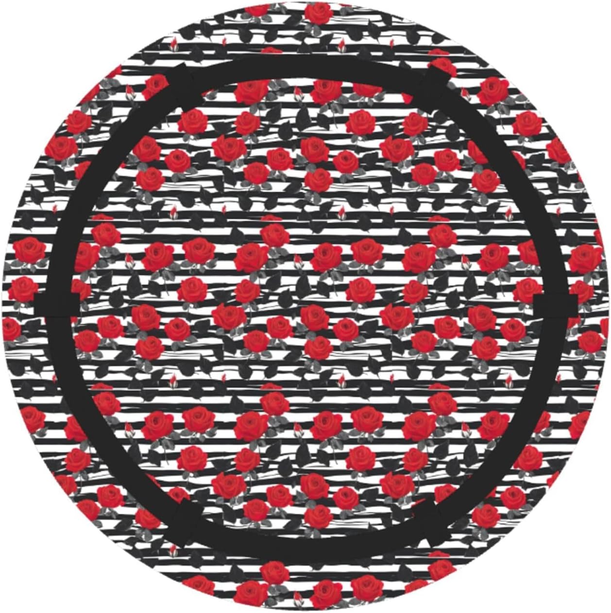 Foldable Black White Stripes Red Rose Flowers Print 2-in-1 Portable Picnic Blanket Tote Bag Outdoor Camping Beach Park Mat