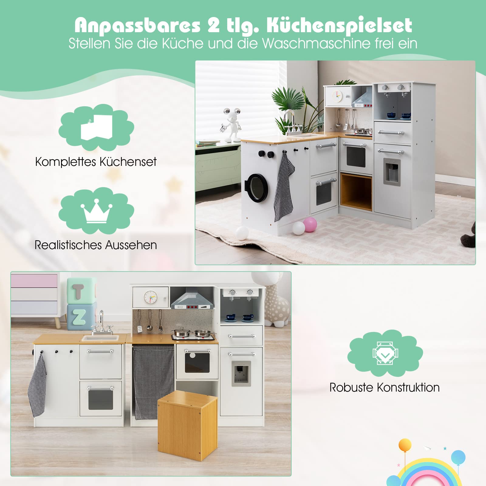COSTWAY Kinderküche mit Hocker & Spielzubehör, Eck Spielküche mit Licht und Sound, Holzküche Spielzeugküche für Kinder ab 3 Jahren