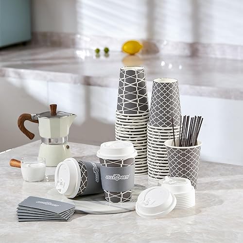 Miniatura 3 de JOLLY PARTY [100 juegos] Tazas de café de papel de 12 onzas, tazas de café desechables con tapas, fundas y pajitas, taza para beber bebidas frías