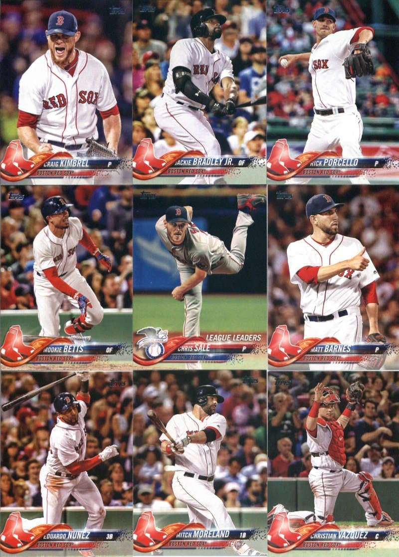 2018 Topps Complete (Series 1, 2, Update) Boston Red Sox Team Set of 32 Cards: Rafael Devers(#18), Chris Sale(#20), Eduardo Rodriguez(#43), Boston Red Sox(#48), Eduardo Nunez(#76), Christian Vazquez(#103), Mitch Moreland(#104), Chris Sale(#129), Mookie Betts(#140), Matt Barnes(#152), Boston B-Boys (Betts, Benintendi, Bradley)(#211), Craig Kimbrel(#242), Rick Porcello(#260), Jackie Bradley Jr.(#270), Steven Wright(#370), plus more