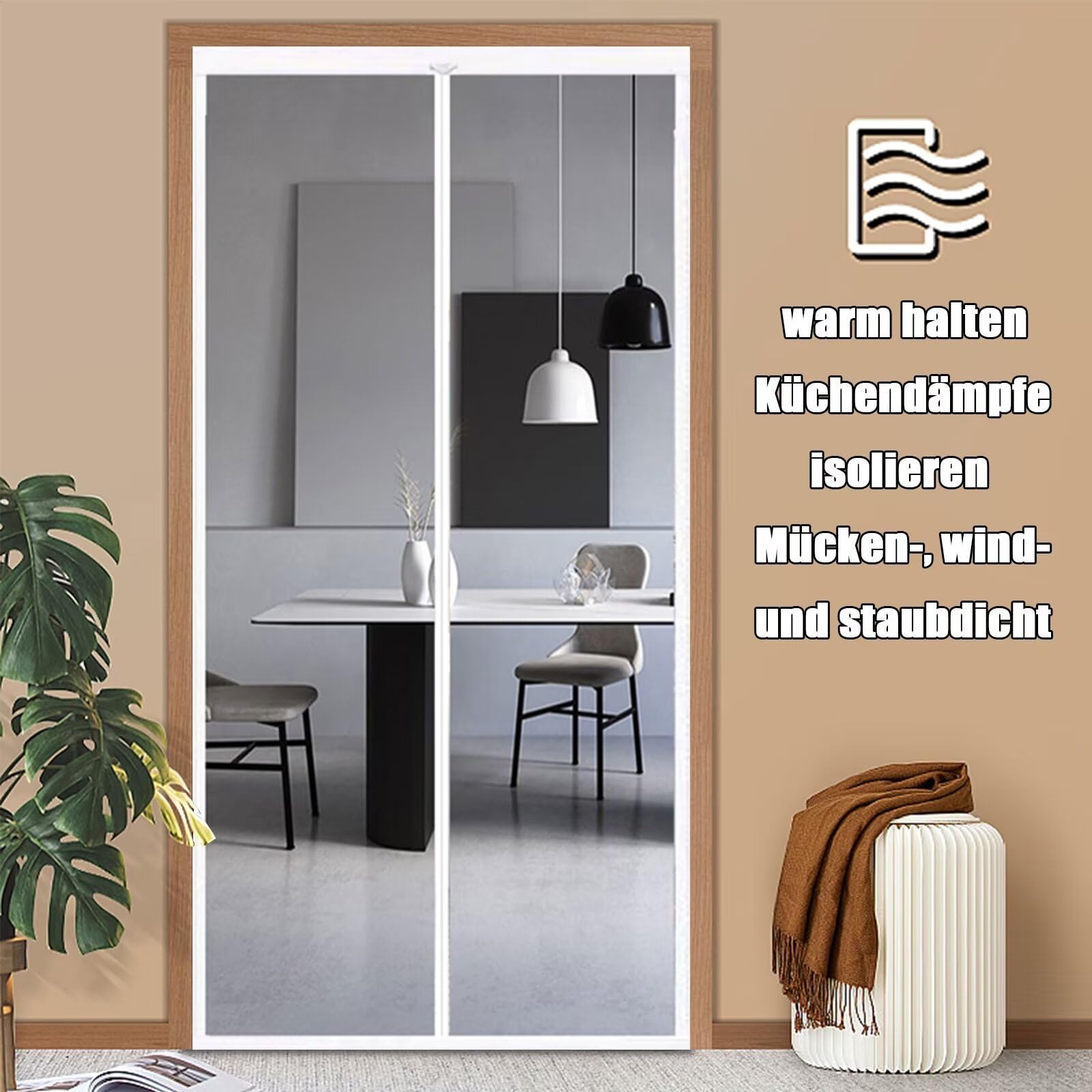 Türvorhang thermo kälteschutz filz wärmeschutzvorhang tür mit kräuselband magnet thermovorhang kälteschutz hitzeschutz haustür für türen Balkontür Wohnzimmer 130x205cm Weiß transparent