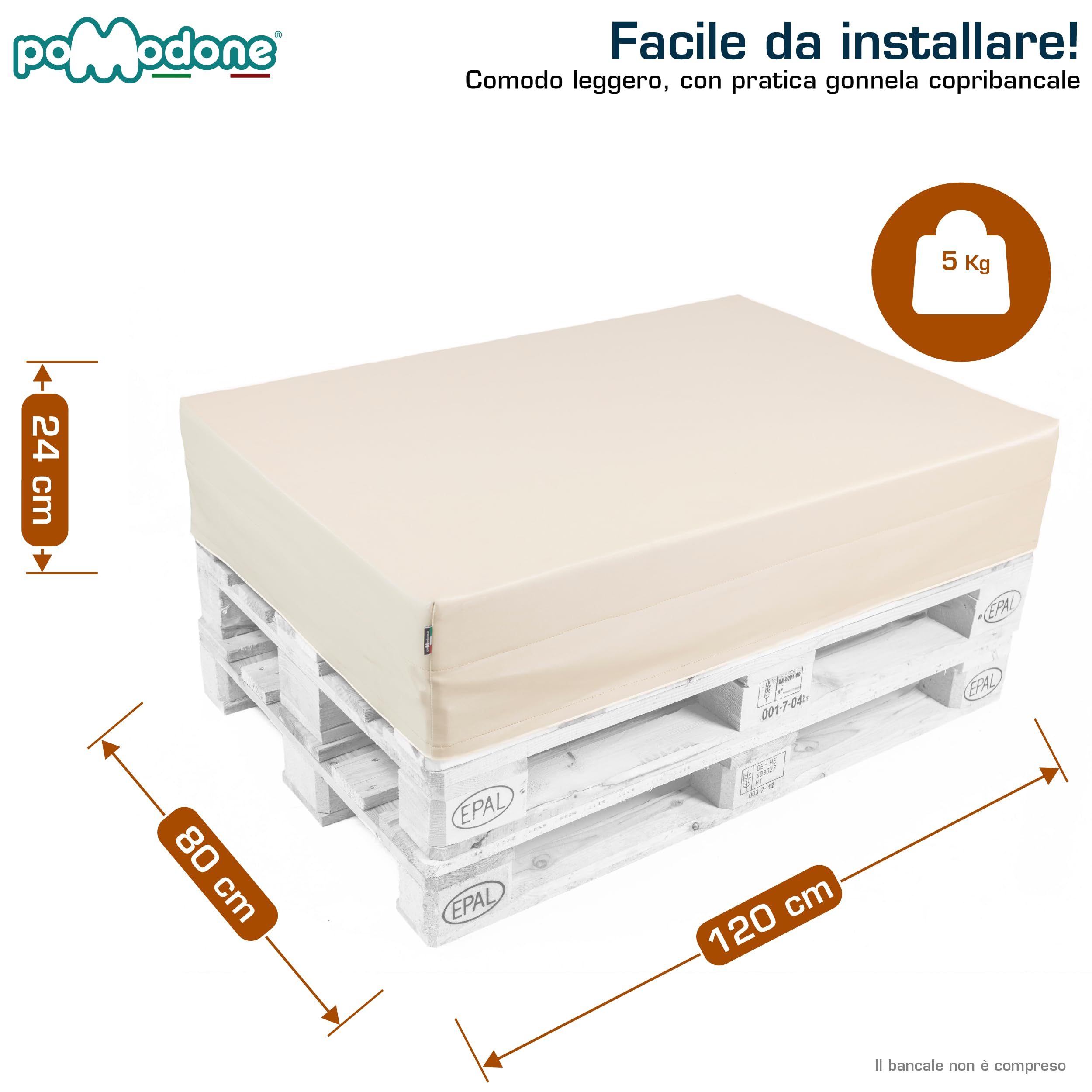 pomodone Cuscini per Pallet Legno Epal 120x80 Divano da Esterno Materasso per Bancale Europallet Impermeabile Lavabile in Ecopelle Resistente ai raggi UV Made in Italy (Bianco)