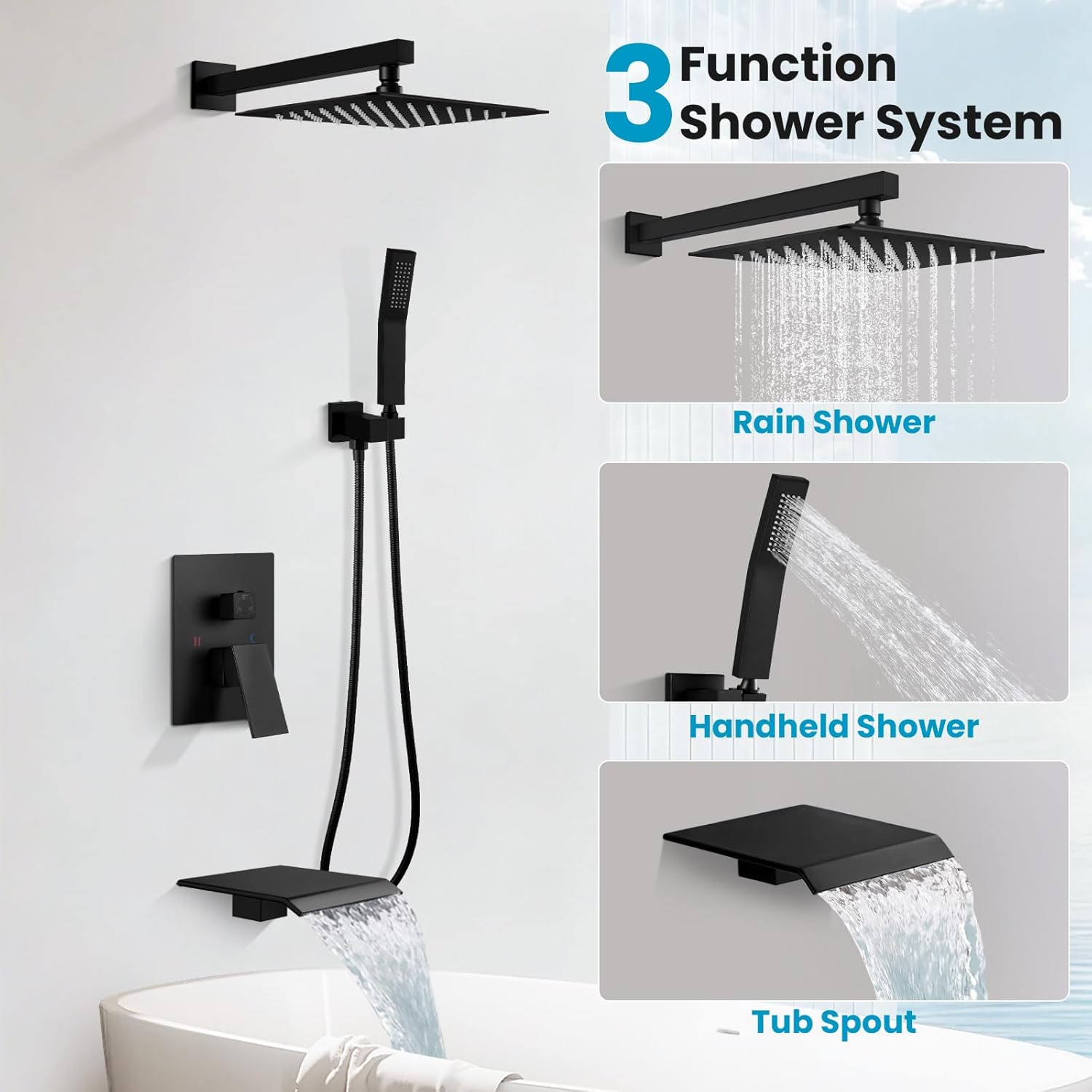 gotonovo 10'' Rain Shower Faucet System Rainfall Shower Head with Handheld Sprayer Waterfall Tub Spout Wall Mounted Mixer Combo Rough-in Valve and Trim Included 5.7 Inch Wide Spout Matte Black