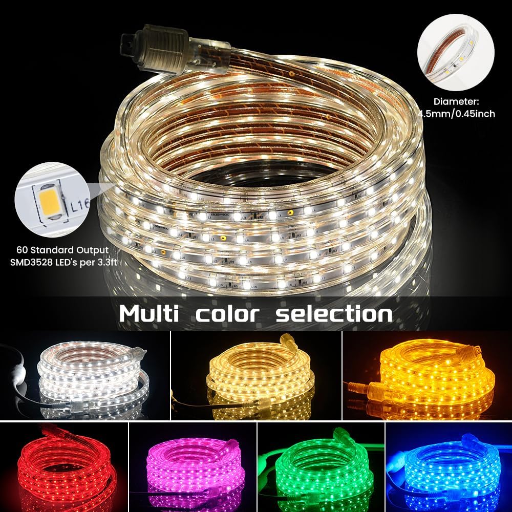 CBconcept 65 FT Bright White 120V Custom Cut SMD3528 LED Light Strip Flexible, Durable, Ambient, Commercial Construction Contractor Preferred, DIY Projects, Built to Last