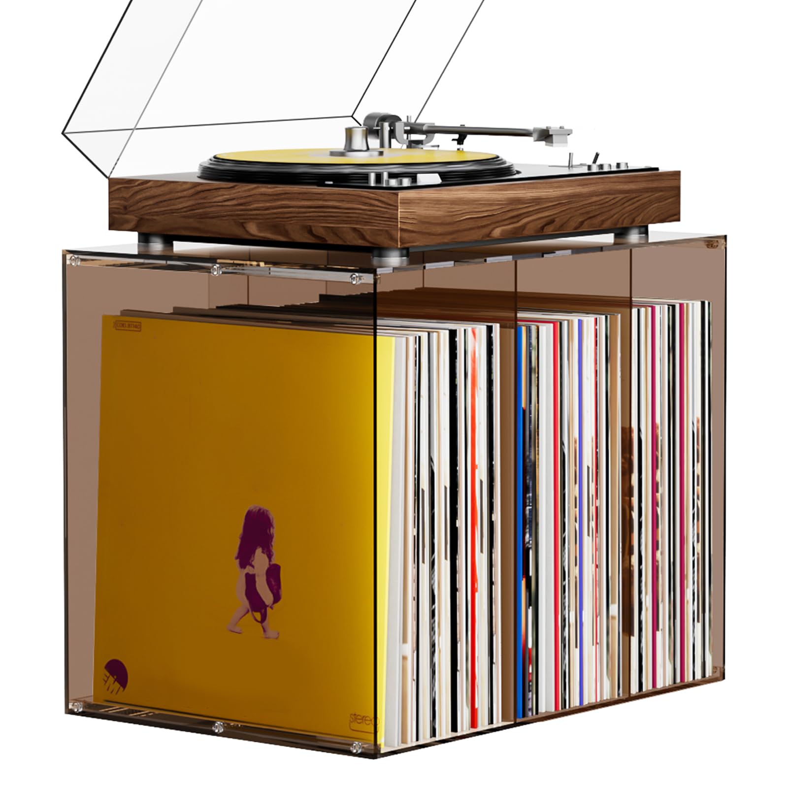Bikoney Vinyl Record Storage, Warm Amber Acrylic LP Holder, Stackable Desktop Album Crate for 50+ Records, Crystal Clear Tinted Vinyl Display Stand for 12 inch LPs — image 1