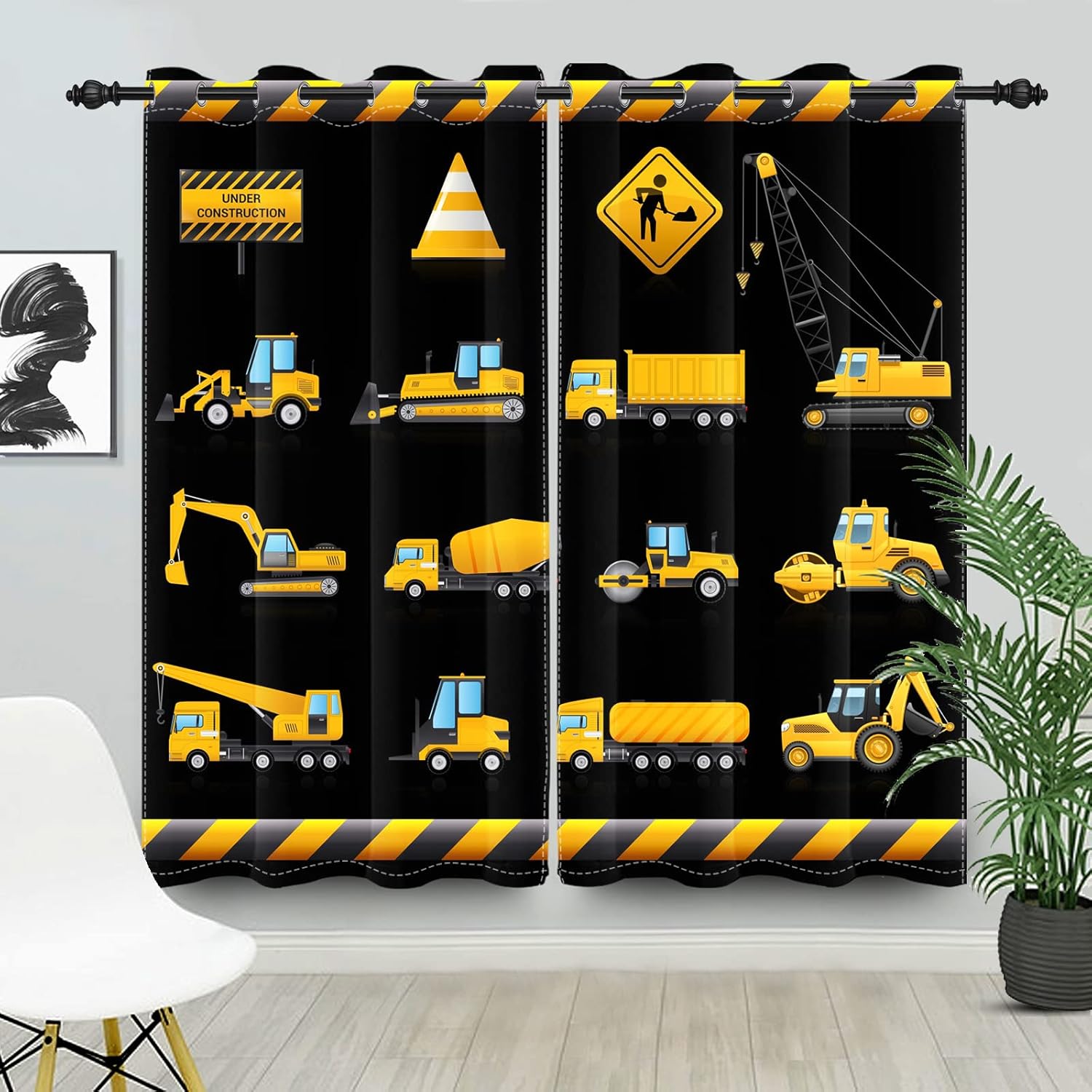 Under Construction Themed Blackout Curtains Cartoon Yellow Excavator Tractor Truck Curtain Room Darkening Window Grommet Top Curtain for Boys Kids Nursery Bedroom Decor, 21x45 inches