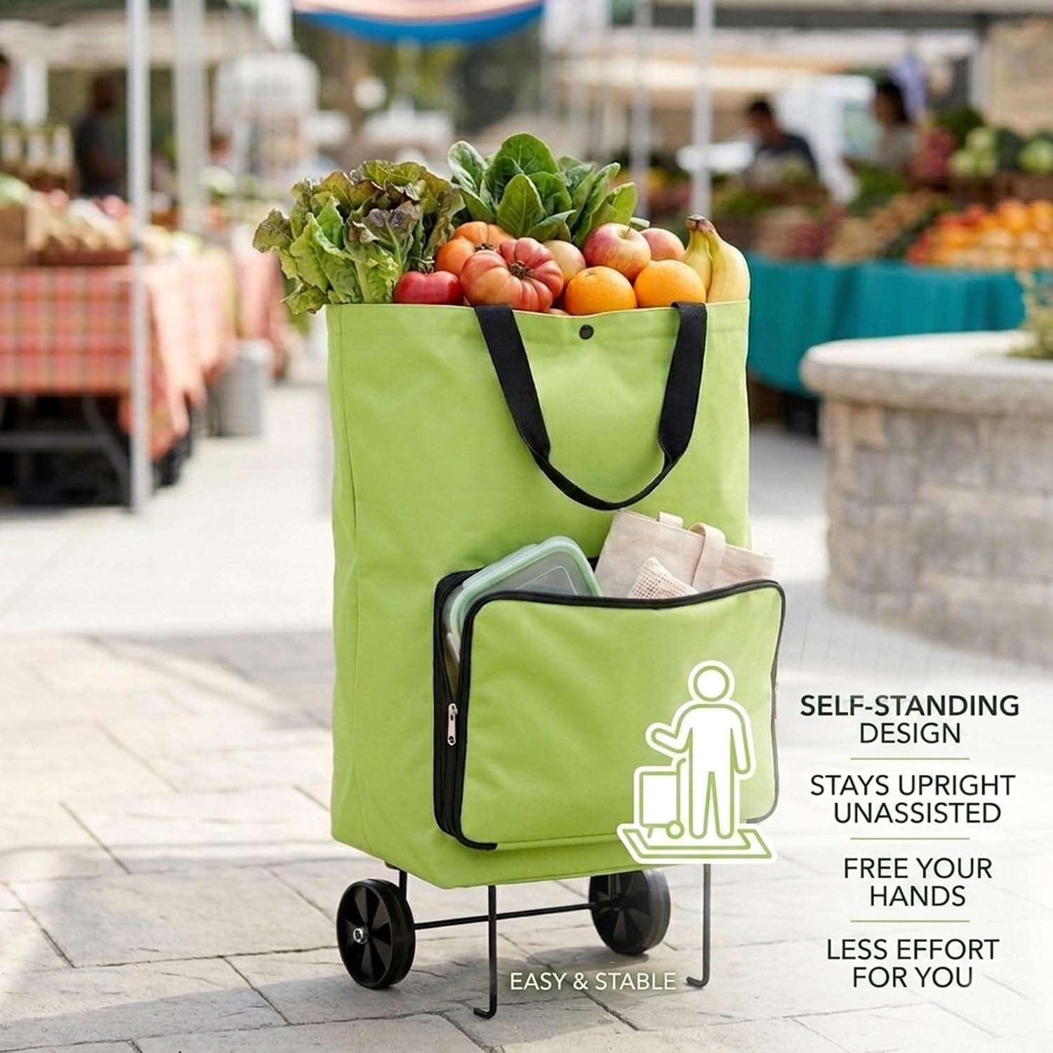 2 in 1 Foldable Shopping Cart with Wheels, Reusable Tote Grocery Cart Large Capacity, Waterproof Oxford Fabric, for Travel and Home (Green)