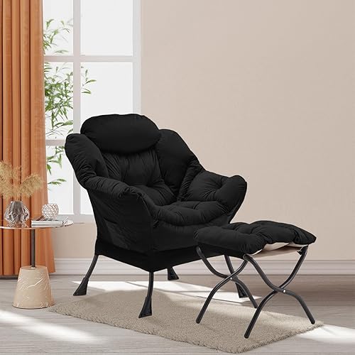 Vista 2 de Silla Lazy con otomana plegable, silla decorativa de terciopelo tapizada con estructura de metal y almohadillas antideslizantes, sillón