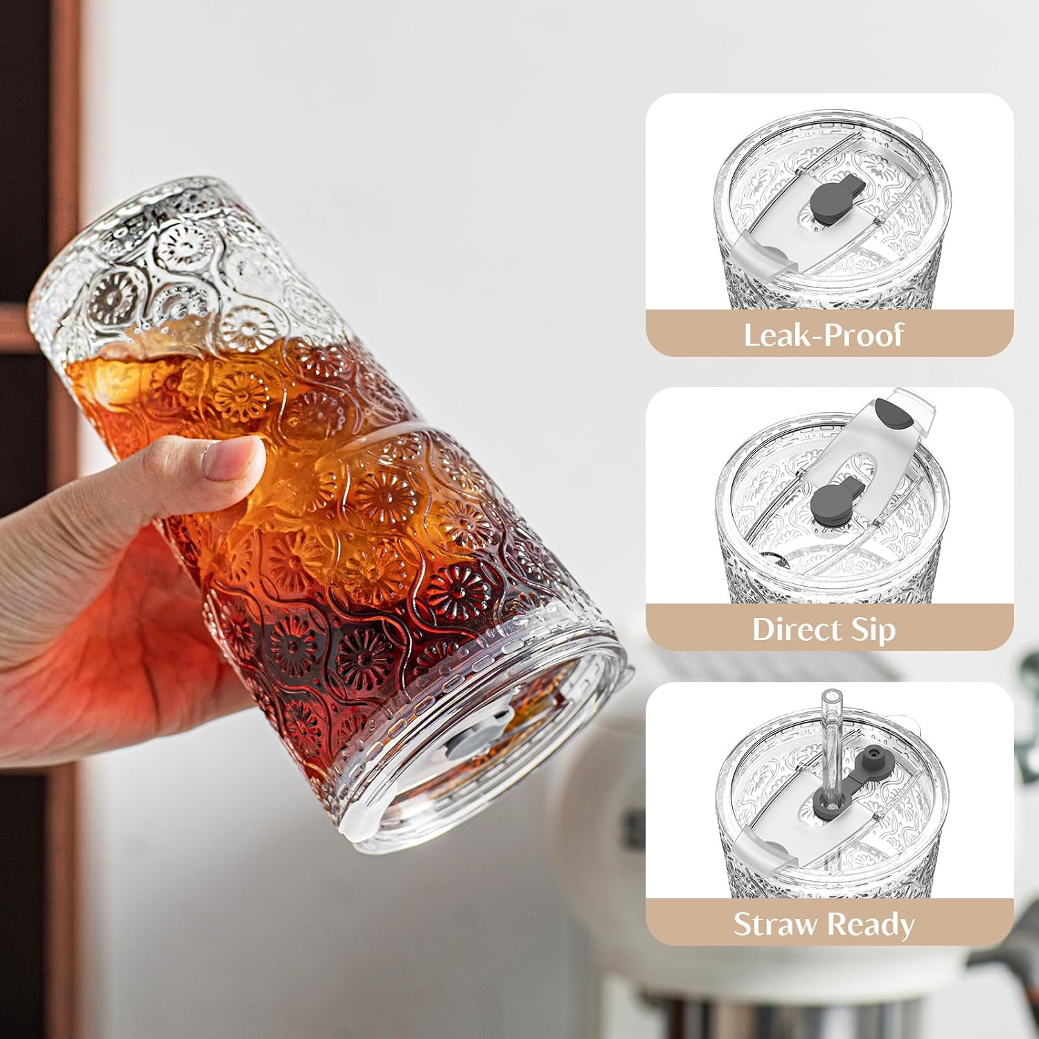 INSETLAN 20 oz Begonia Flower Glass Tumbler, Set of 6, Iced Coffee Cup image 5