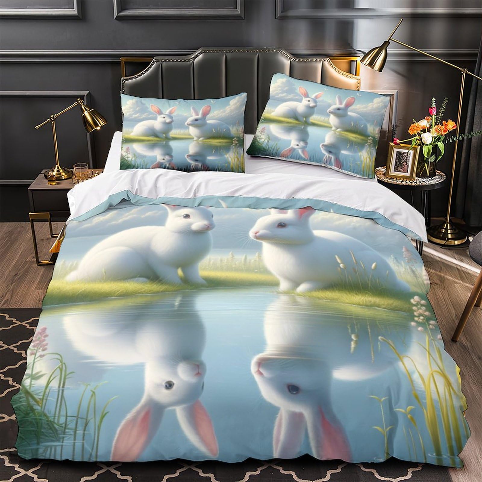 Stampato in 3D Coniglietto carino Copertina Stampata Microfibra Disegnata Biancheria Da Letto Cura Facile Con 2 Federe,Double（200x200cm）, Per Adolescenti E Adulti