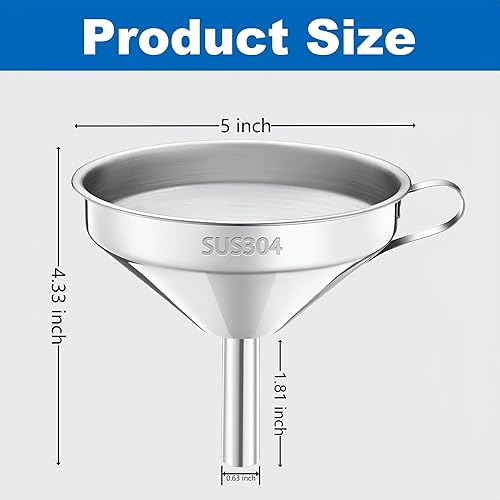 Miniatura 2 de Embudo para llenar botellas, embudo de cocina de acero inoxidable 188 de grado alimenticio de 5 pulgadas con filtro de malla 200 colador