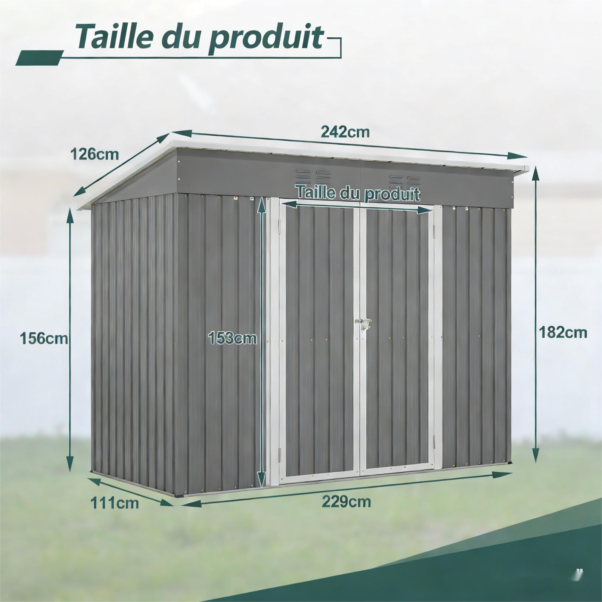 Abri de jardin gris 229 x 111 x 182 cm, en métal, compact, avec fondation, résistant aux intempéries avec serrure, pour terrasse, balcon, jardin