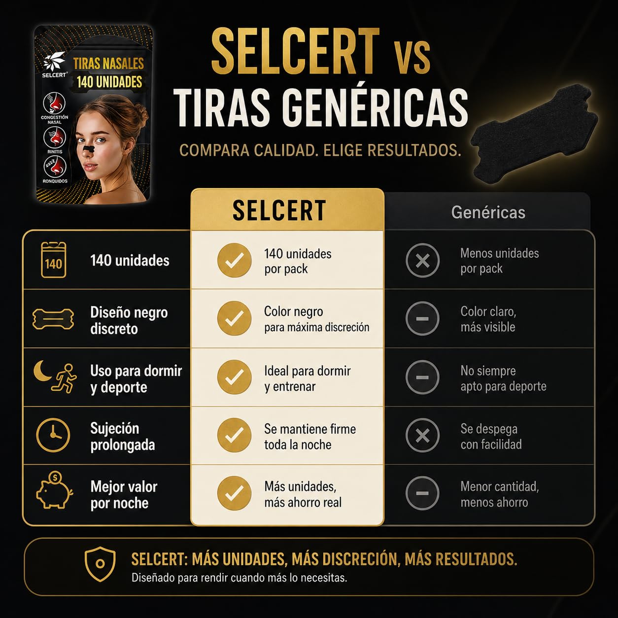 Tiras Nasales Antirronquidos x140 - Dilatador Nasal Negro para Dormir Mejor, Deporte y Congestión Nasal - Nasal Strips/Nose Strips, Adhesivo Fuerte