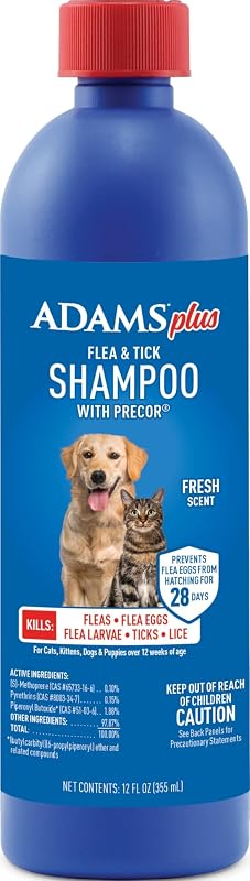 ADAMS Plus Flea & Tick Shampoo with Precor for Dogs & Cats, 12 oz | Flea shampoo for dogs and cats kills flea eggs and lice on contact, helps stop hatching for 28 days