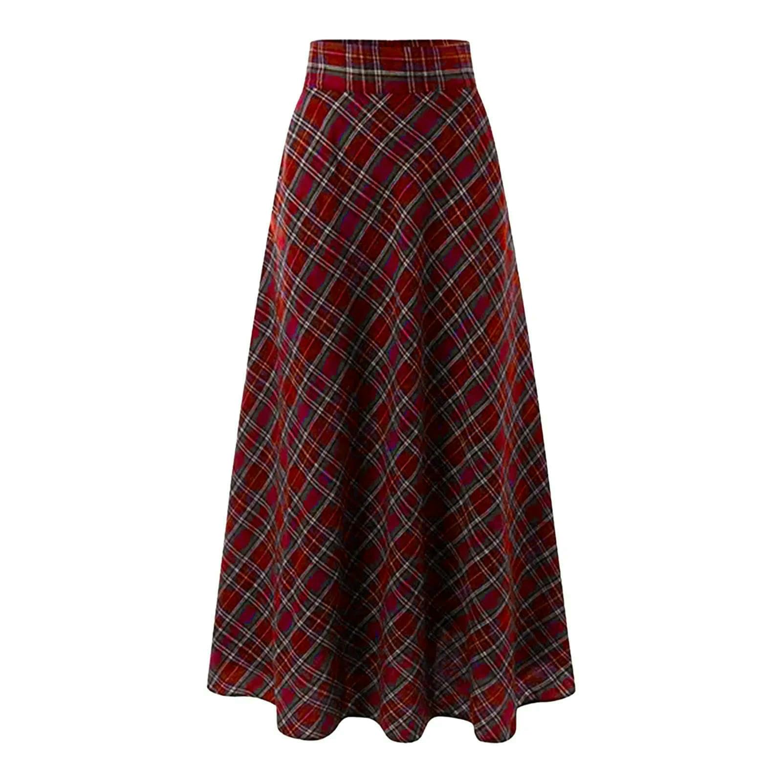 Gonna Lunga Gonne Scozzesi Vintage Taglie Forti Donna Spessa Calda Elegante A Linee Quadri Casual-Nero-m