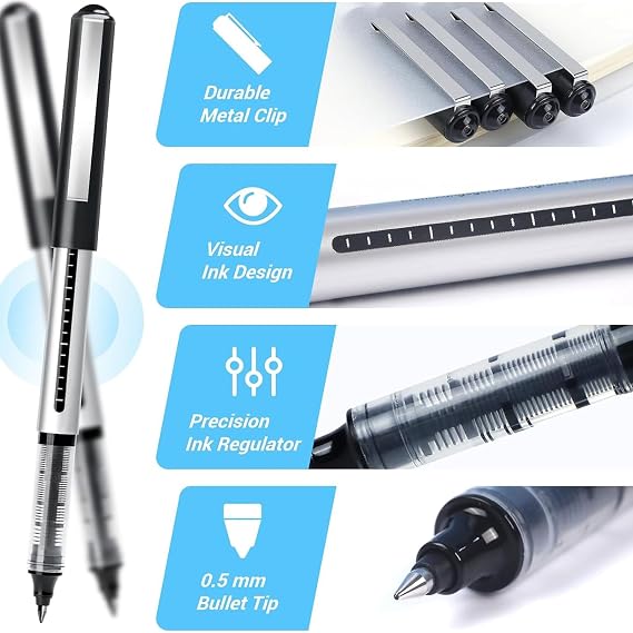 Black Pens, Black Ink Rollerball Pens, 12Pcs 0.5 mm Fine Point Pen