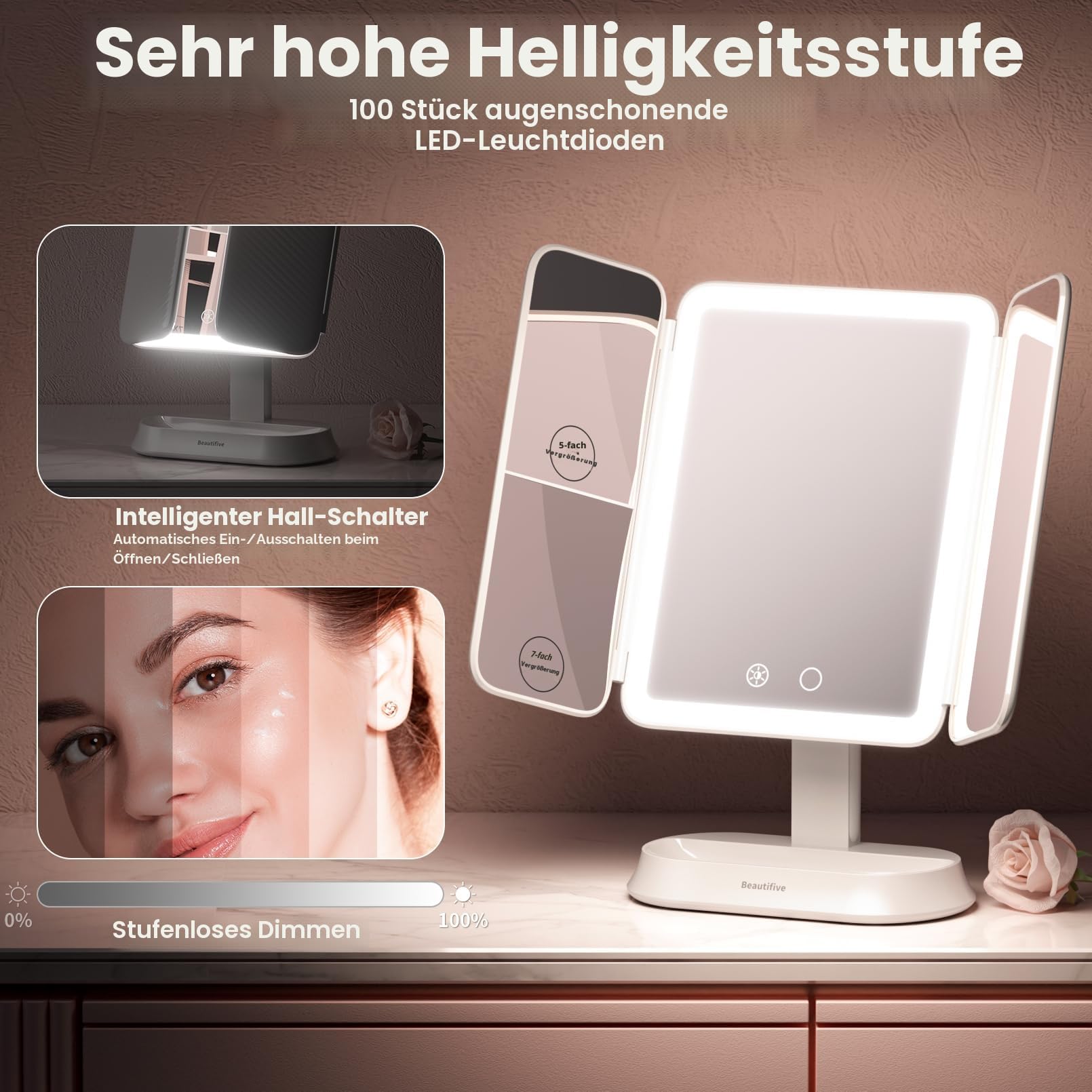 360° Drehbarer & Abnehmbarer Schminkspiegel mit Beleuchtung, 7X/5X/1X Reisespiegel mit Licht, Kosmetikspiegel mit Beleuchtung, 3 Lichtfarben vergrößerungsspiegel Klappspiegel für Schminktisch